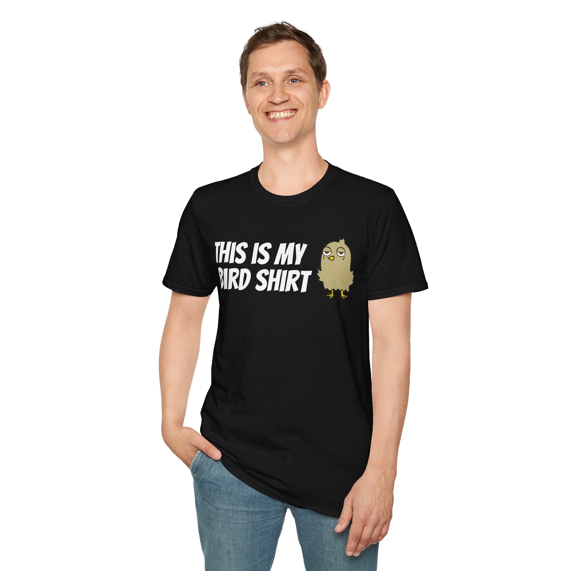 Man wearing black t-shirt with "this is my bird shirt" with a graphic cartoon bird on a  white background.