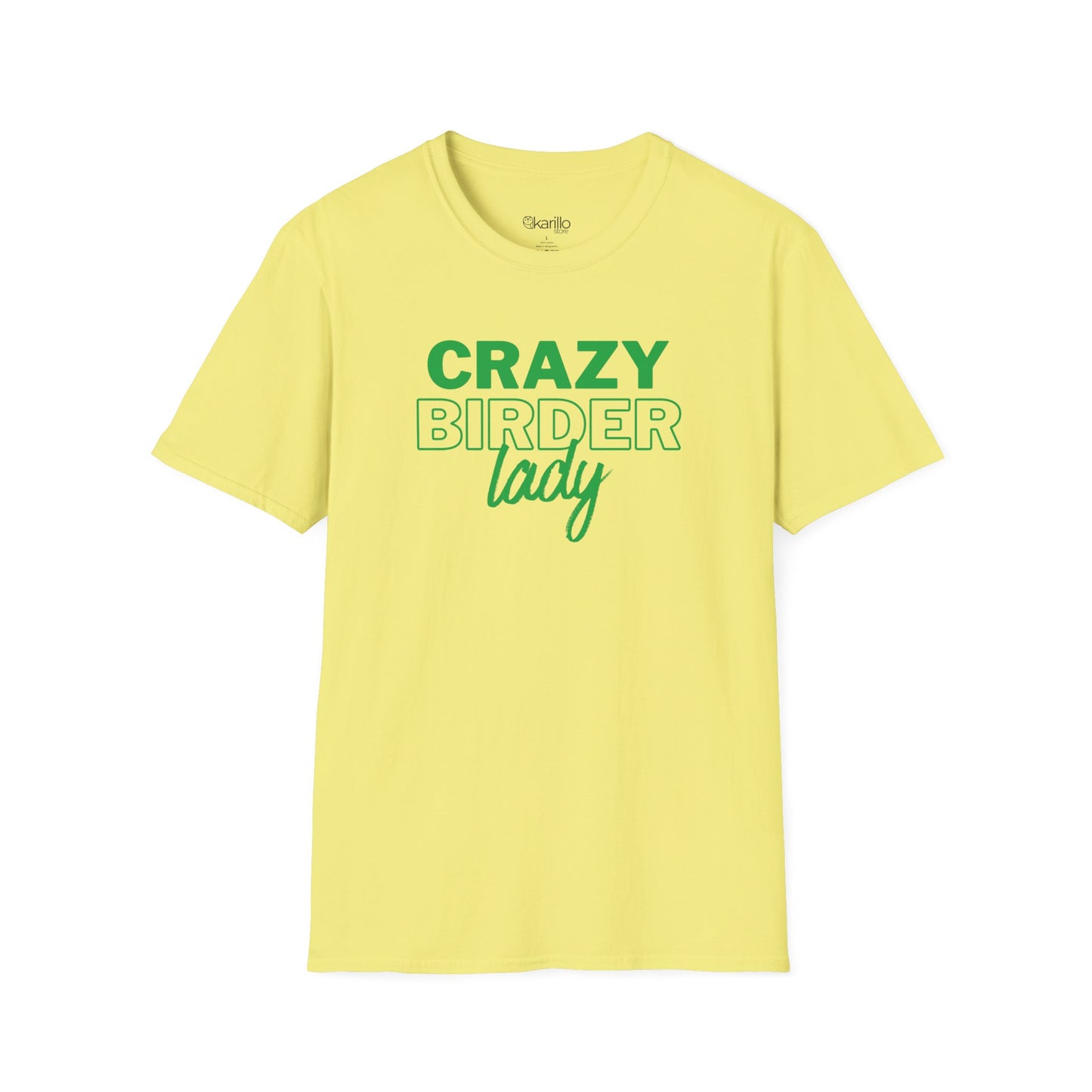 Yellow t-shirt with "crazy birder girl" text on a white background