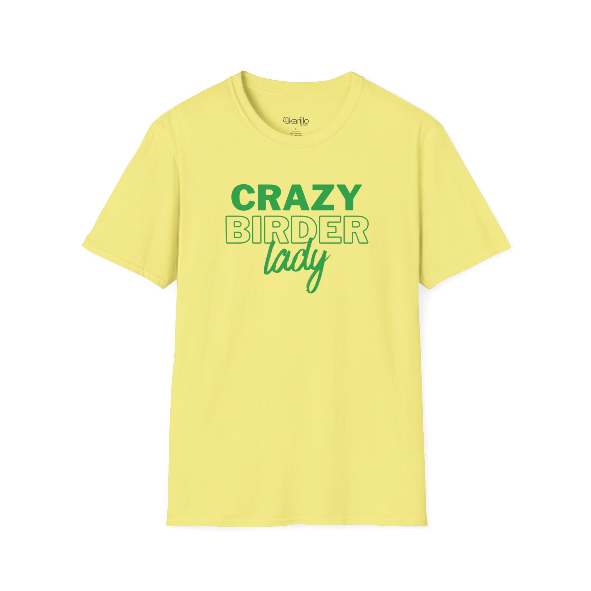 Yellow t-shirt with "crazy birder girl" text on a white background