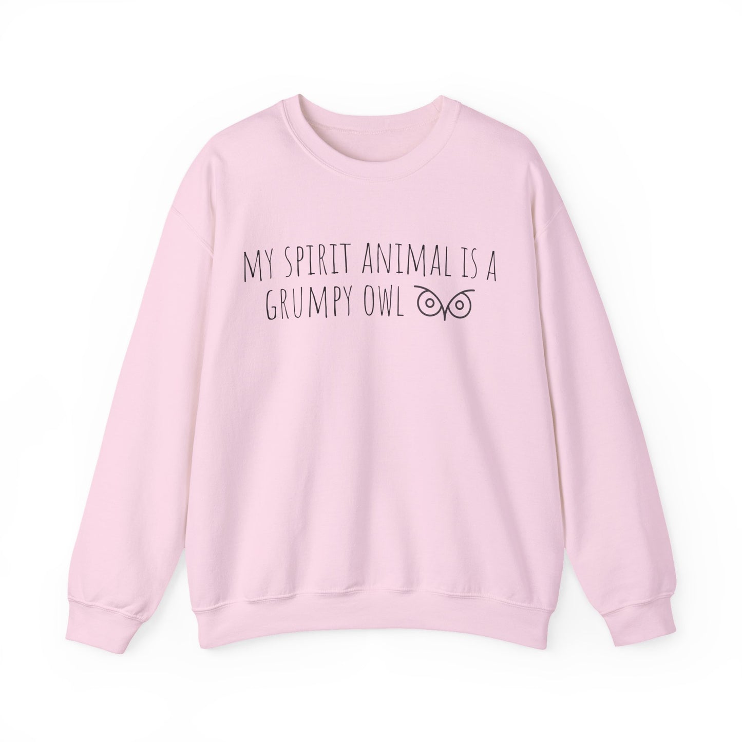 Pink sweatshirt with text 'My Spirit Animal is a Grumpy Owl' on a white background