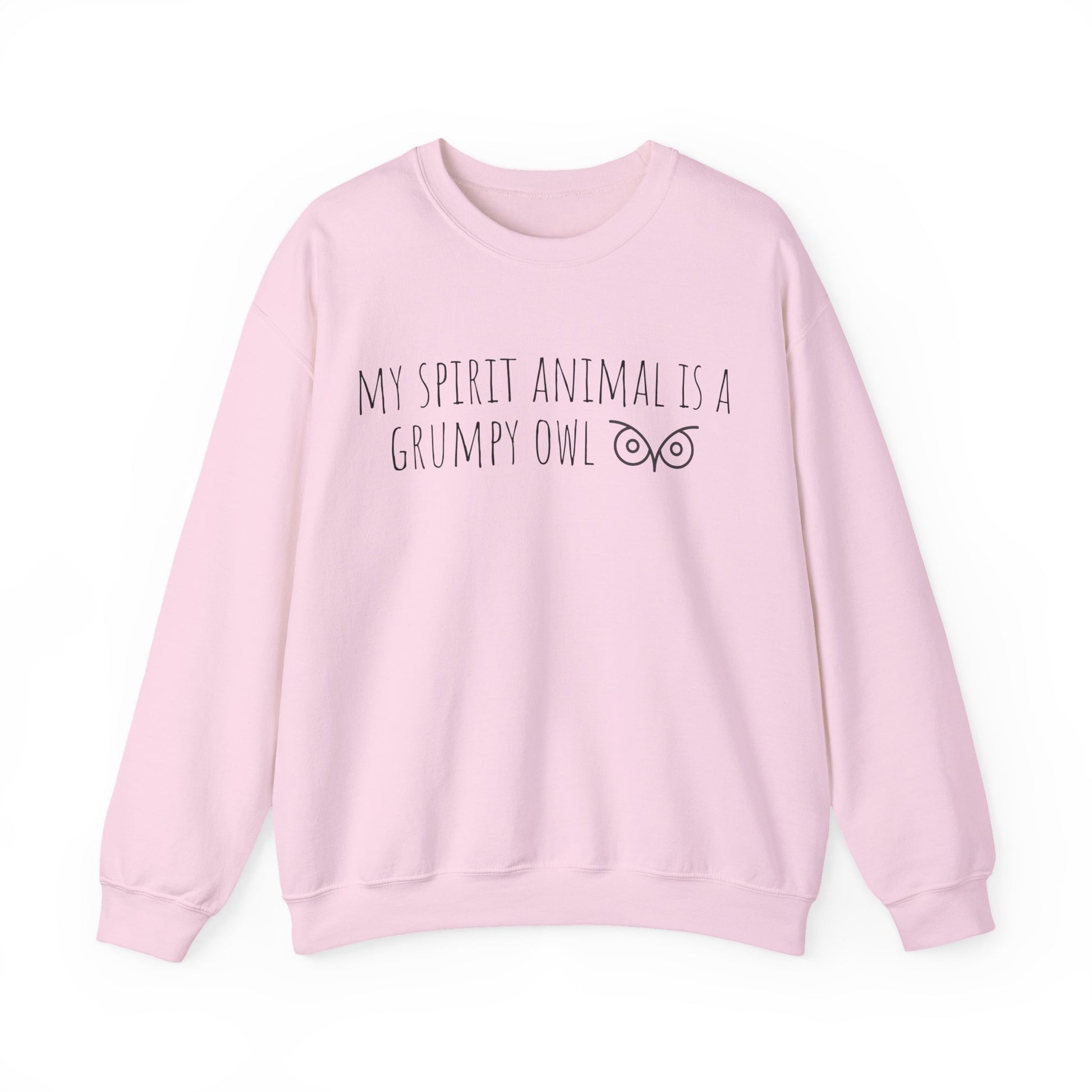 Pink sweatshirt with text 'My Spirit Animal is a Grumpy Owl' on a white background