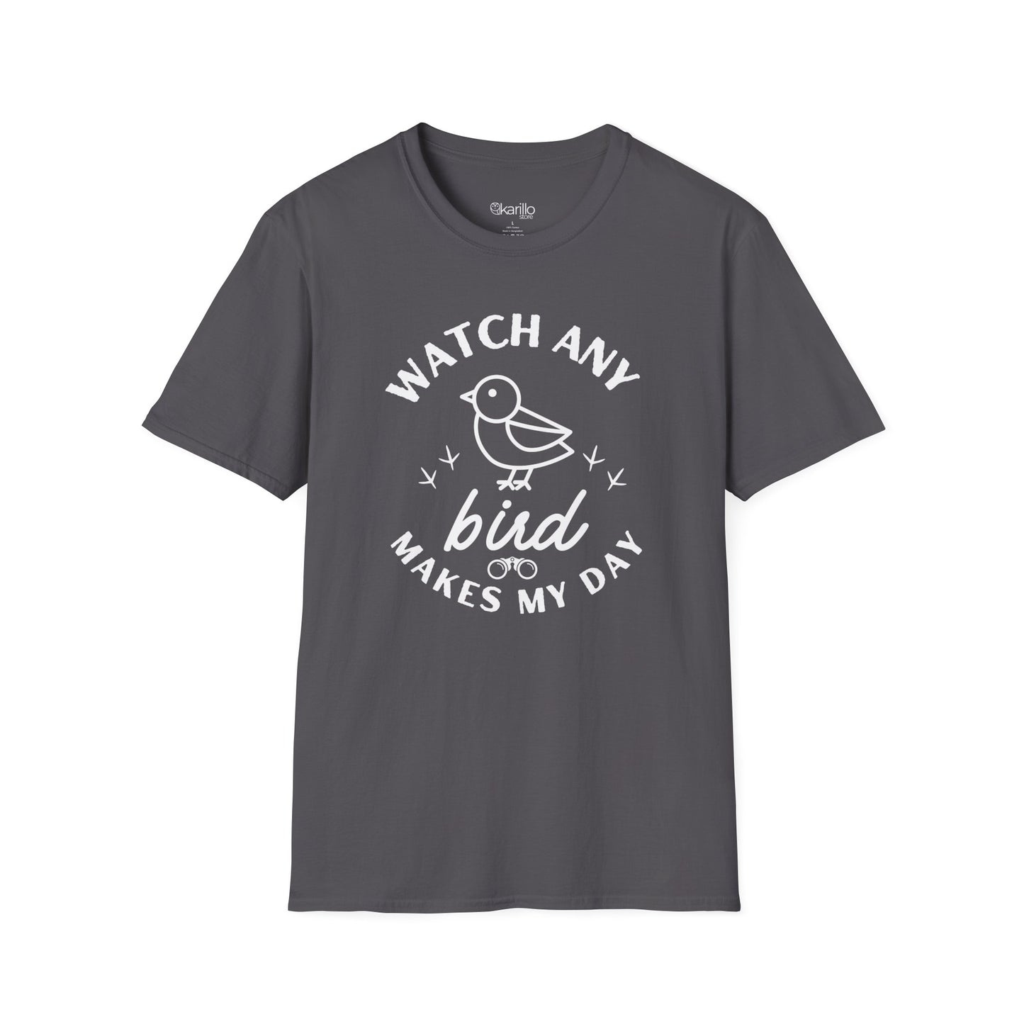 Front view gray t-shirt with "watch any bird" text and bird graphic on a white background