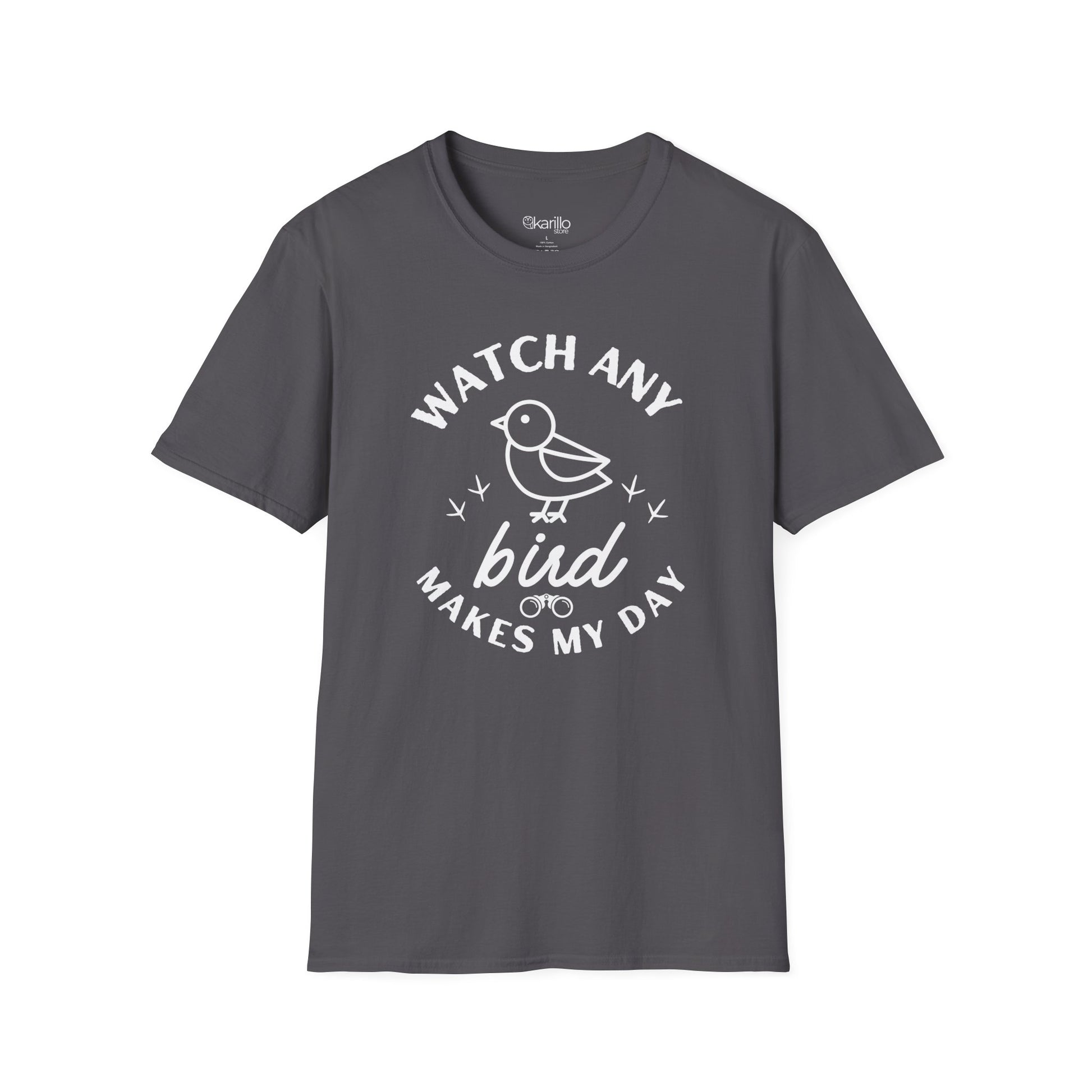 Front view gray t-shirt with "watch any bird" text and bird graphic on a white background