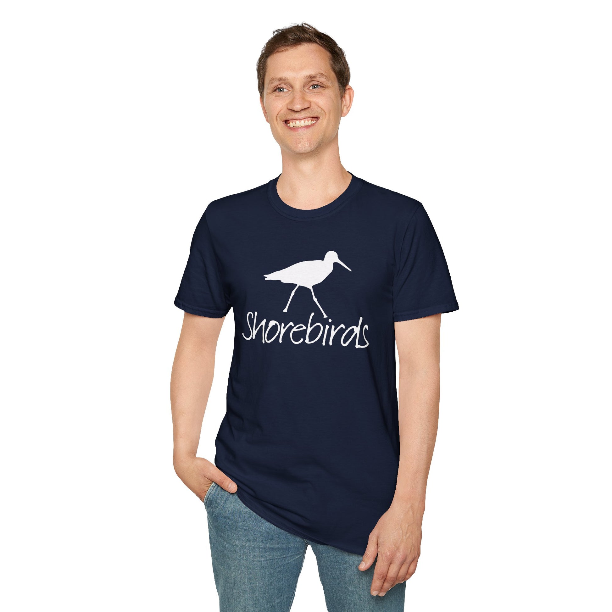 man wearing all-white shorebird design on "Shorebirds" T-shirt