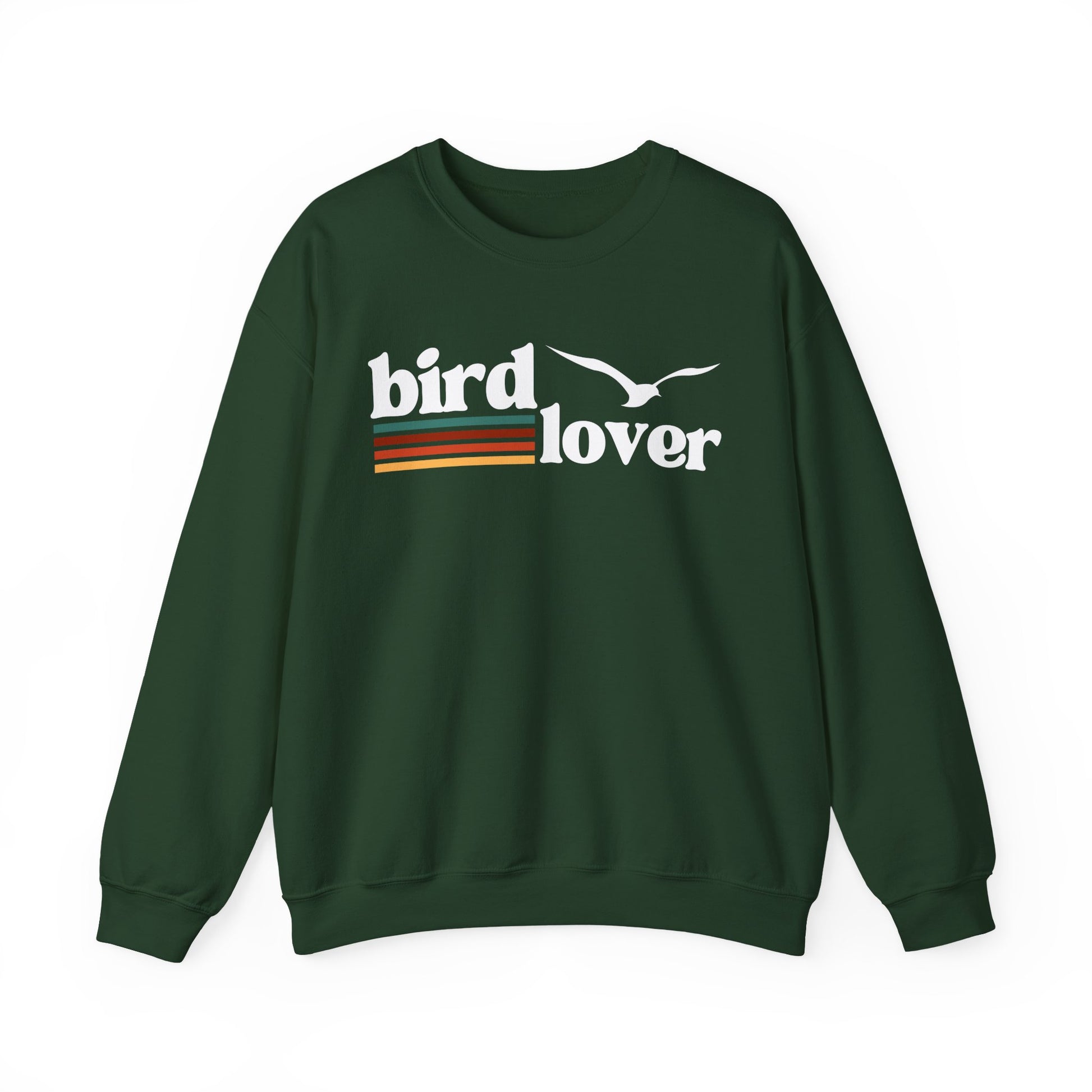 Dark Green sweatshirt with 'bird lover' text and bird graphic, colored lines, on a white background