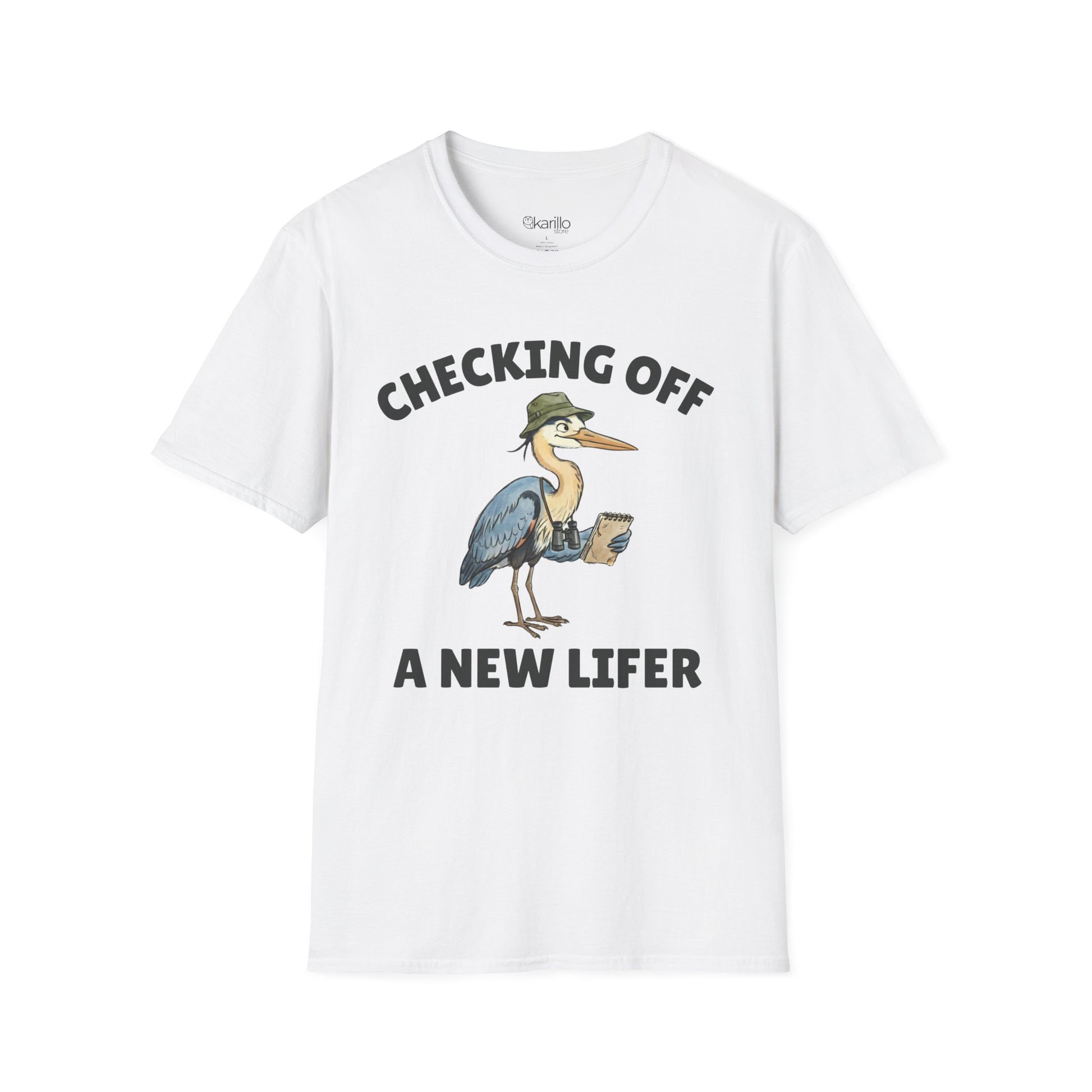 White short-sleeve t-shirt with a graphic of a heron wearing a green hat and holding checklist and binoculars, with the text 'CHECKING OFF A NEW LIFER' with a white blackground.