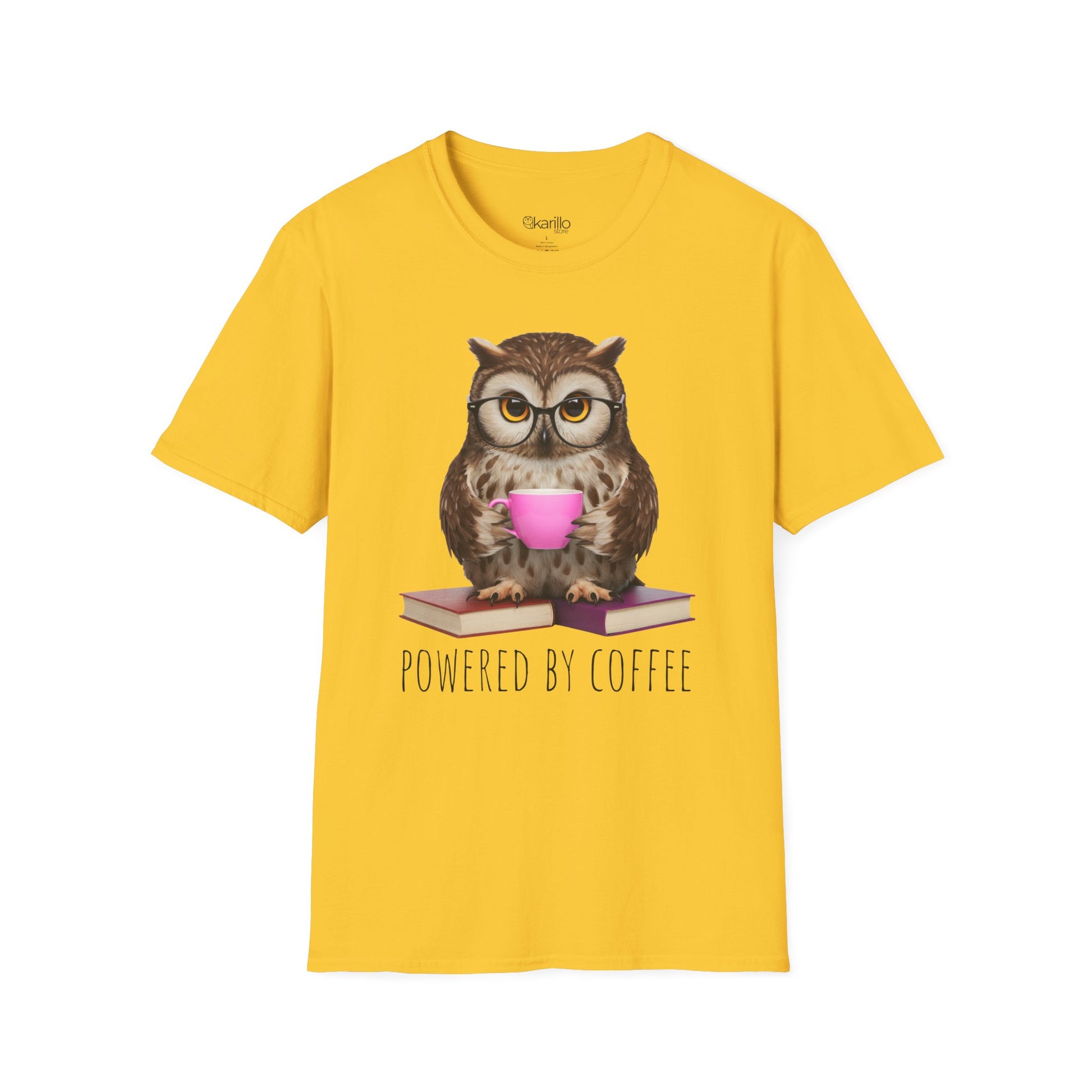 Yellow t-shirt with an owl holding a coffee cup and books, text 'Powered by Coffee', on a white background.
