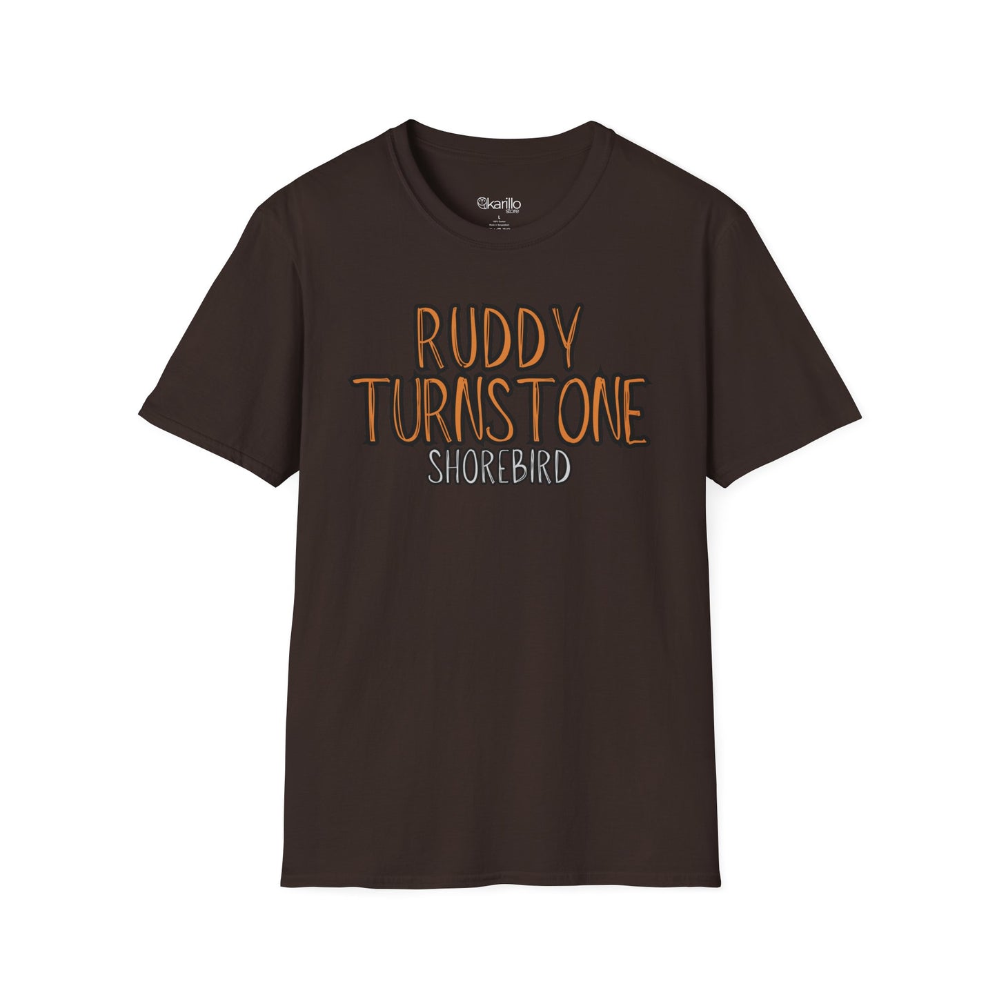Brown t-shirt with 'Ruddy Turnstone Shorebird' text on a white background