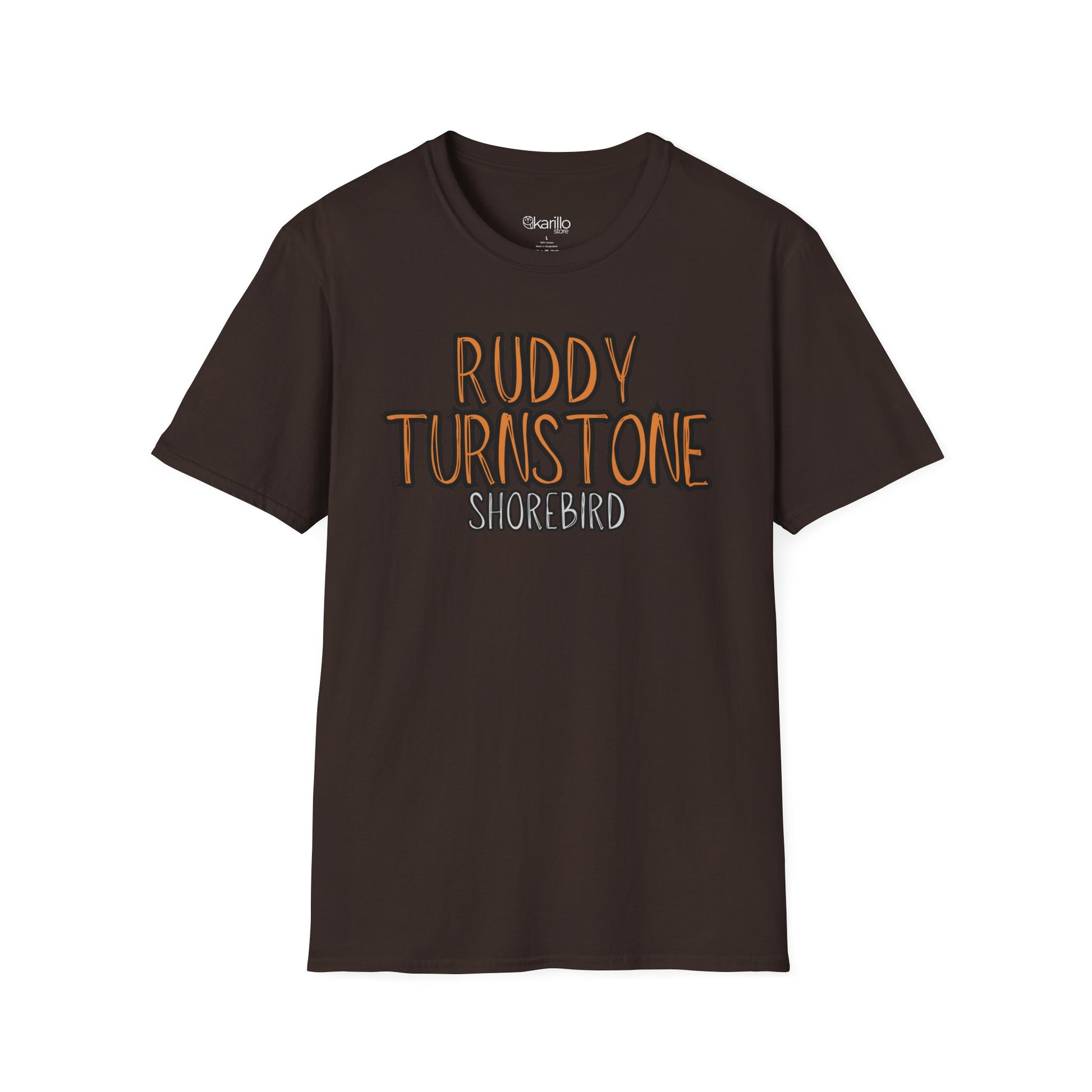 Brown t-shirt with 'Ruddy Turnstone Shorebird' text on a white background