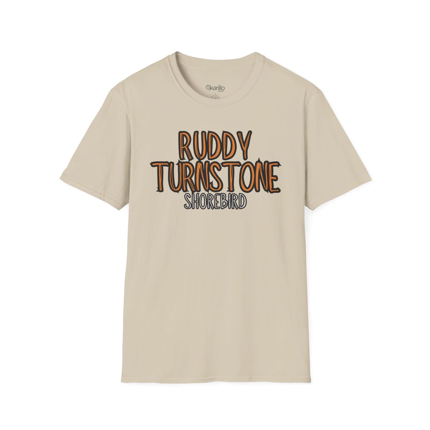 sand color t-shirt with 'Ruddy Turnstone Shorebird' text on a white background