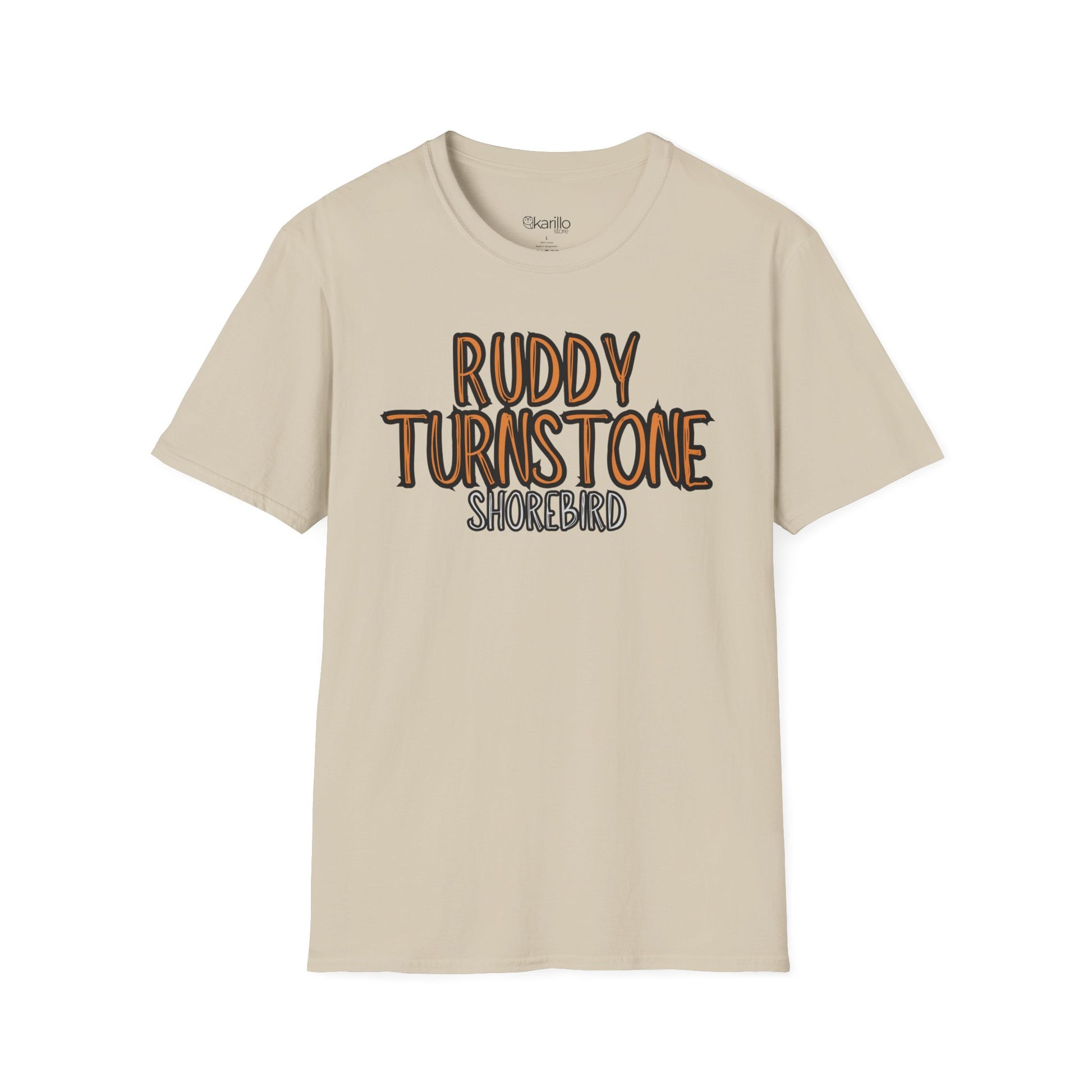 sand color t-shirt with 'Ruddy Turnstone Shorebird' text on a white background