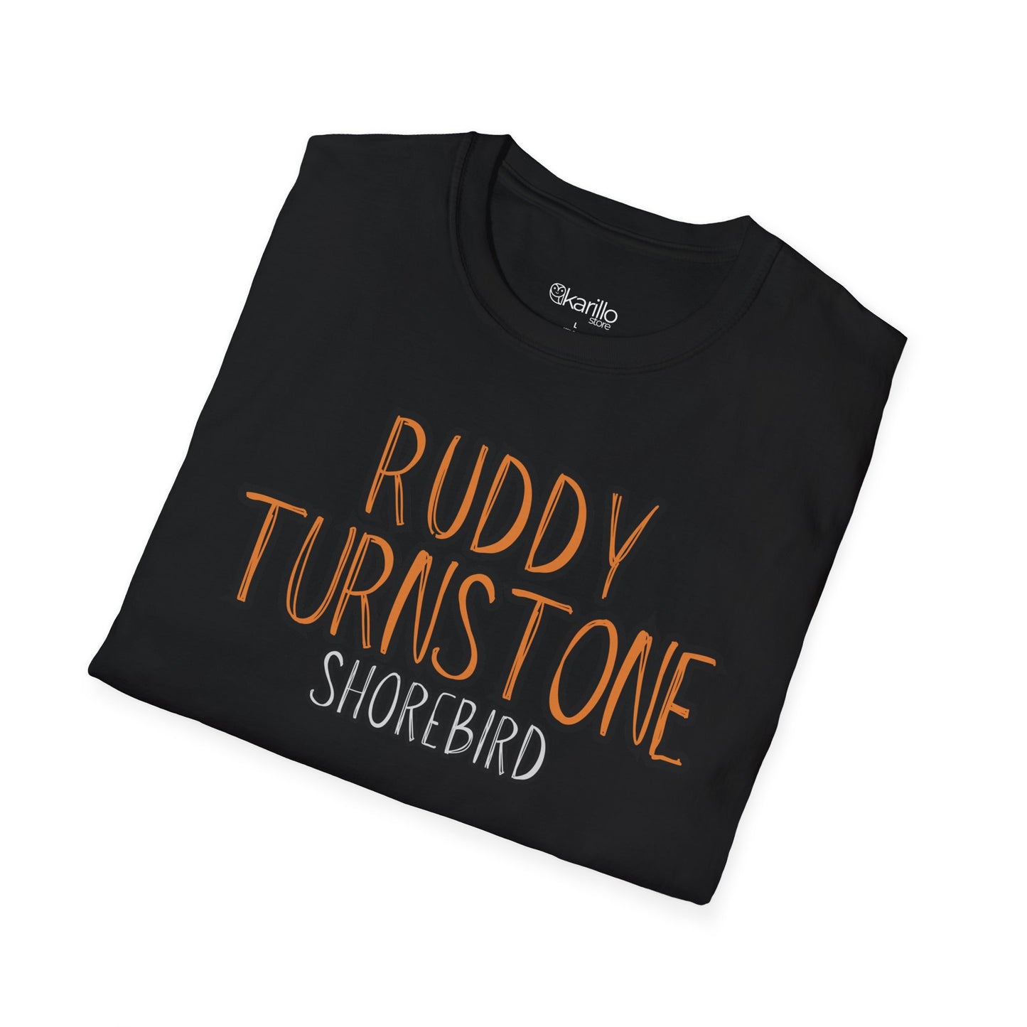 Folded Black t-shirt with 'Ruddy Turnstone Shorebird' text on a white background