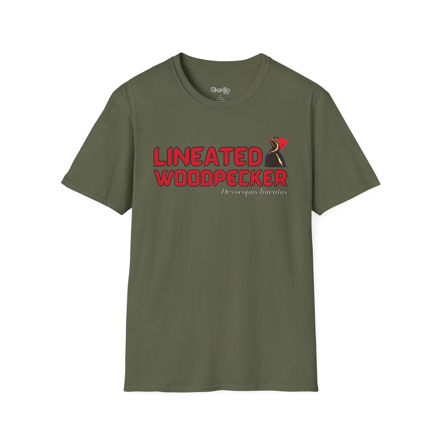 Front view  mulitary green t-shirt with "lineated woodpecker" text on a white background