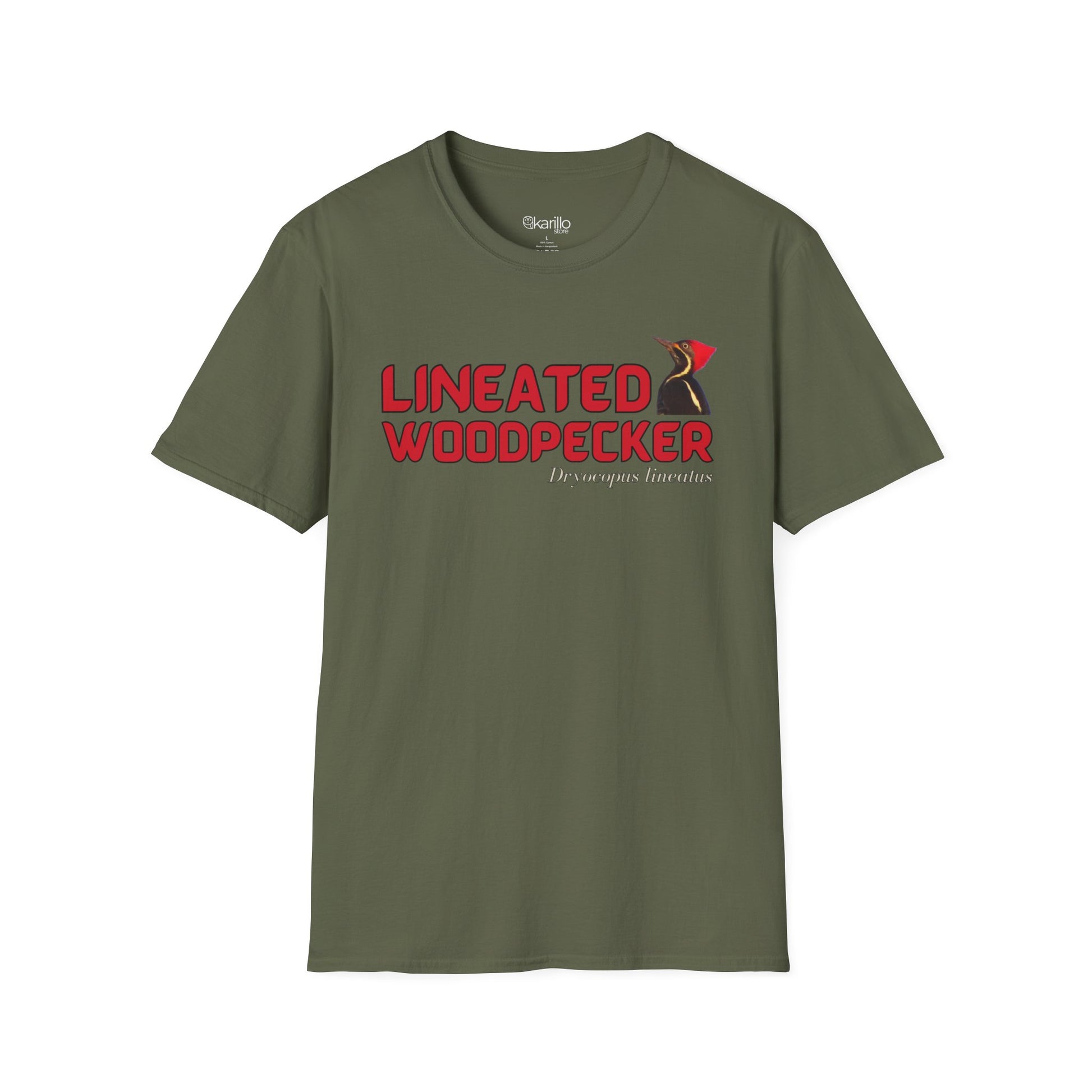 Front view  mulitary green t-shirt with "lineated woodpecker" text on a white background