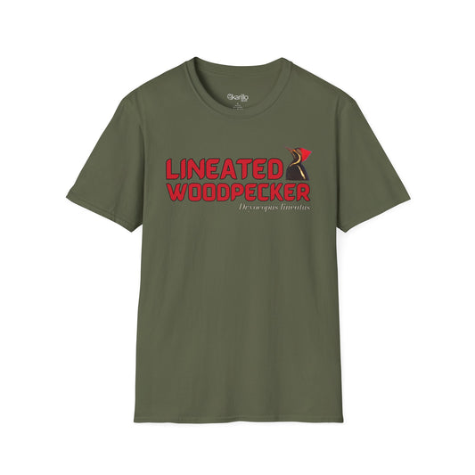 Front view  mulitary green t-shirt with "lineated woodpecker" text on a white background