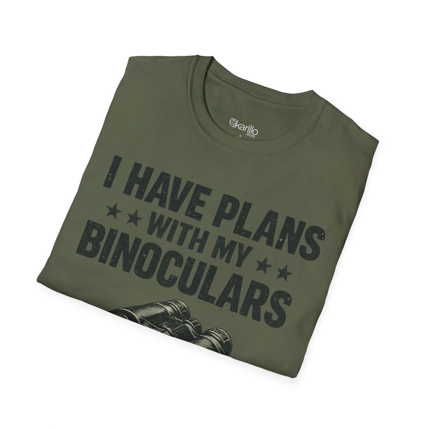 Folded Military green t-shirt with binoculars graphic and text on a white background