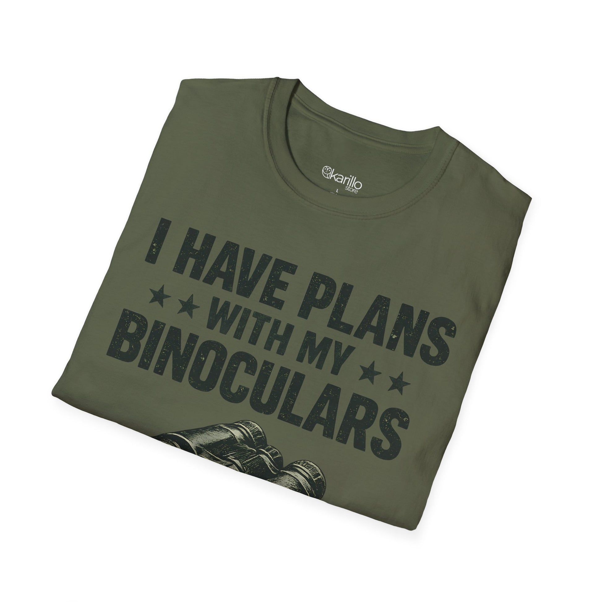 Folded Military green t-shirt with binoculars graphic and text on a white background