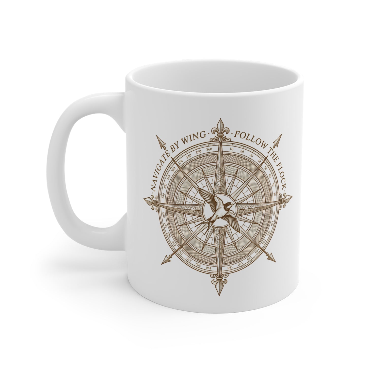 Compass Swallow Migration Ceramic Mug – Retro Nautical Birdwatching Coffee Cup for Bird Lovers