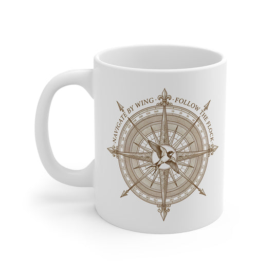 Compass Swallow Migration Ceramic Mug – Retro Nautical Birdwatching Coffee Cup for Bird Lovers