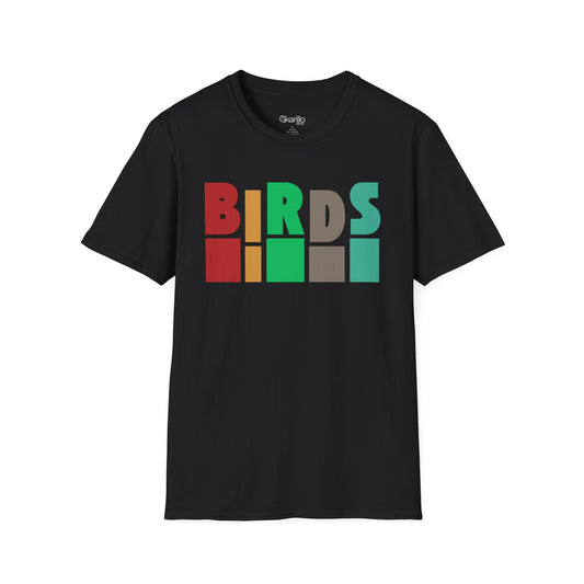Front view of black t-shirt with 'Birds' text on a white background