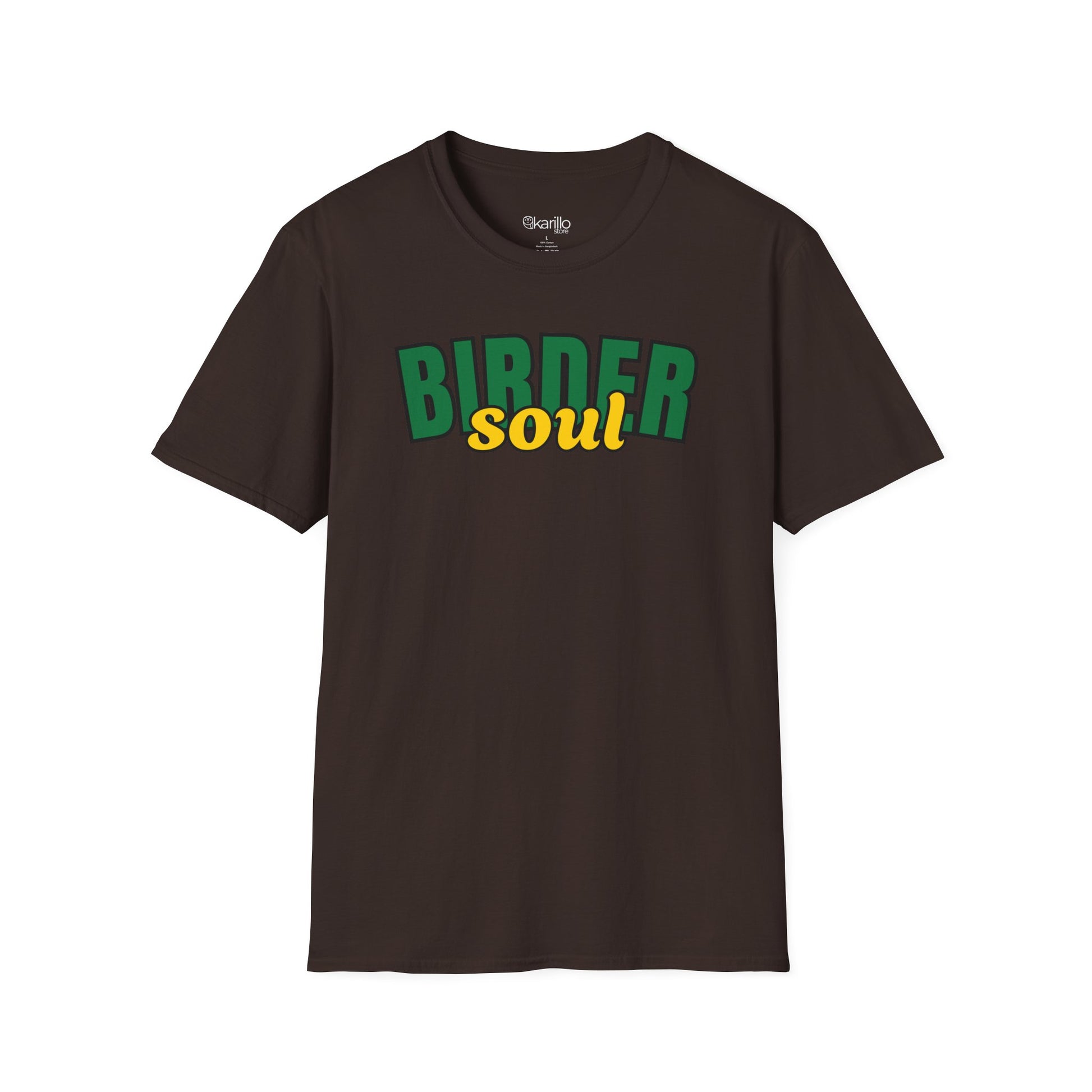Brown t-shirt with 'BIRDER soul' text in green and yellow on a white background