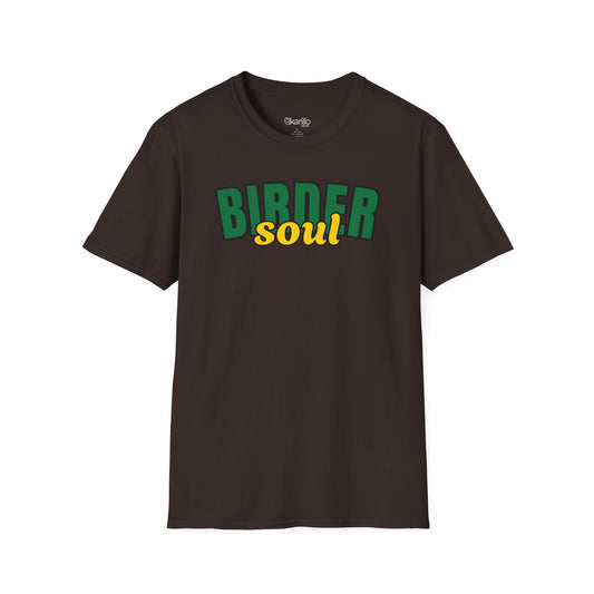 Brown t-shirt with 'BIRDER soul' text in green and yellow on a white background