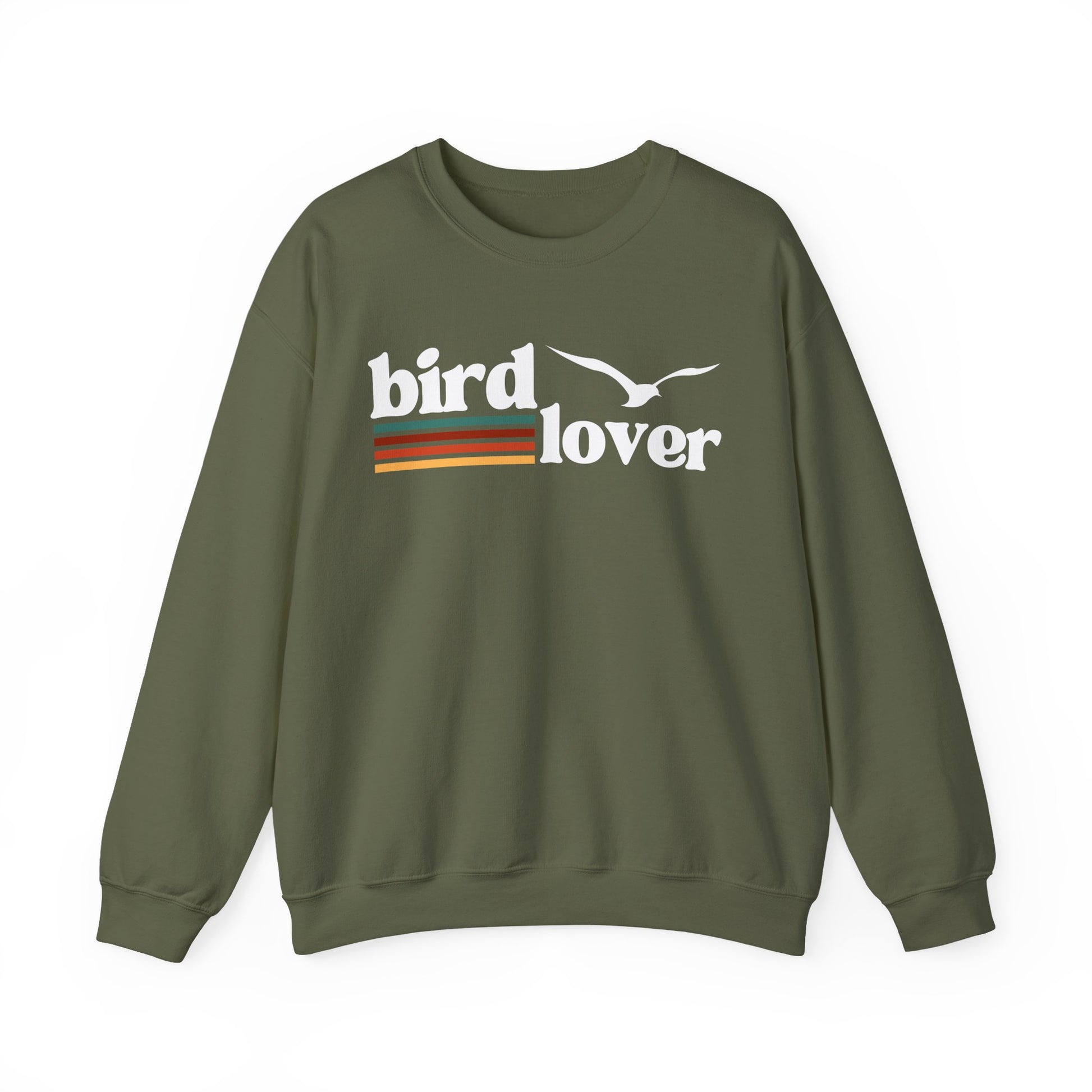 Miltary Green sweatshirt with 'bird lover' text and bird graphic on a white background