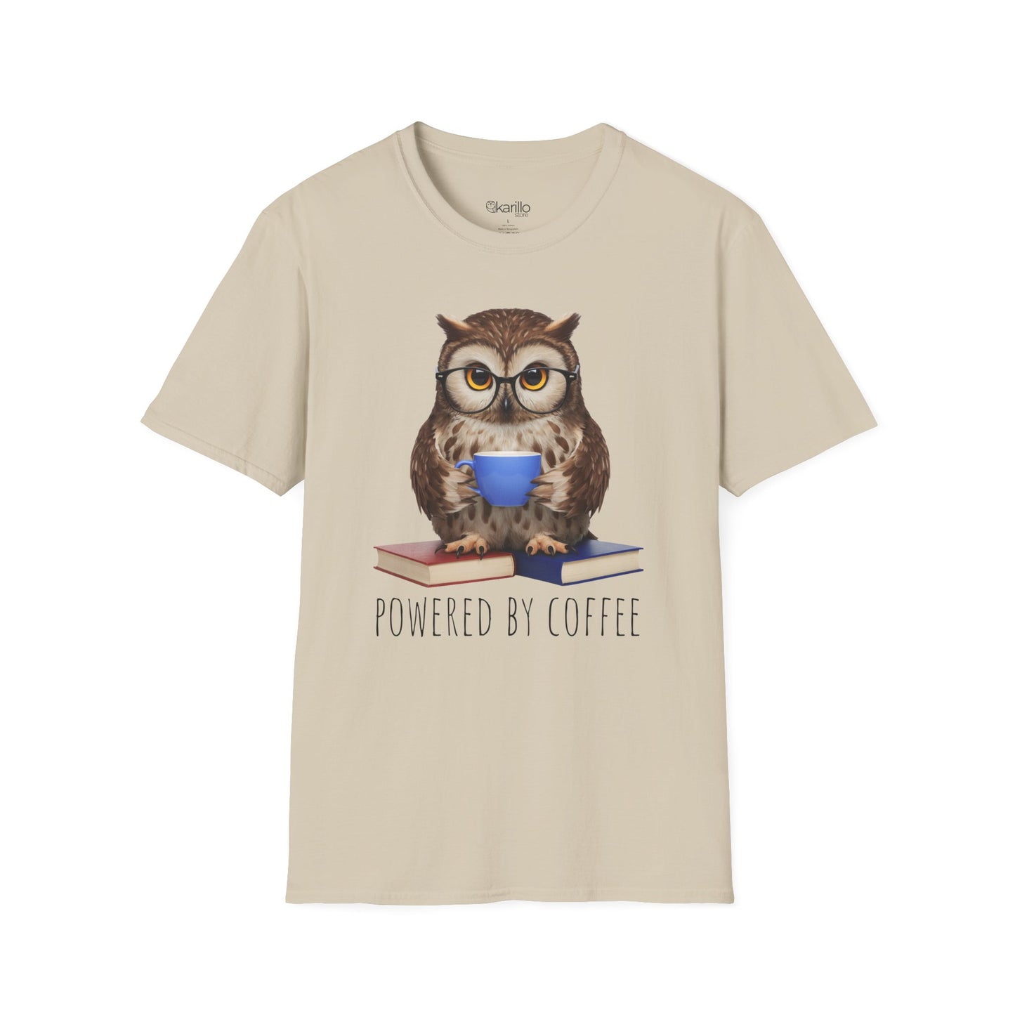 Beige t-shirt with an owl graphic and 'Powered by Coffee' text on a white background