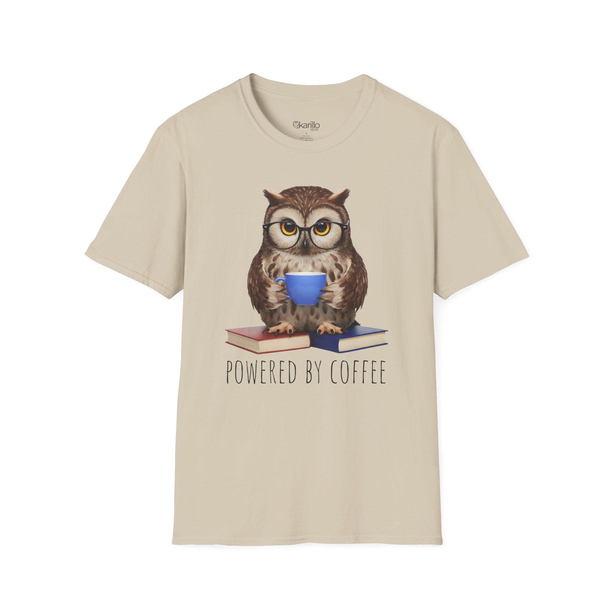 Beige t-shirt with an owl graphic and 'Powered by Coffee' text on a white background