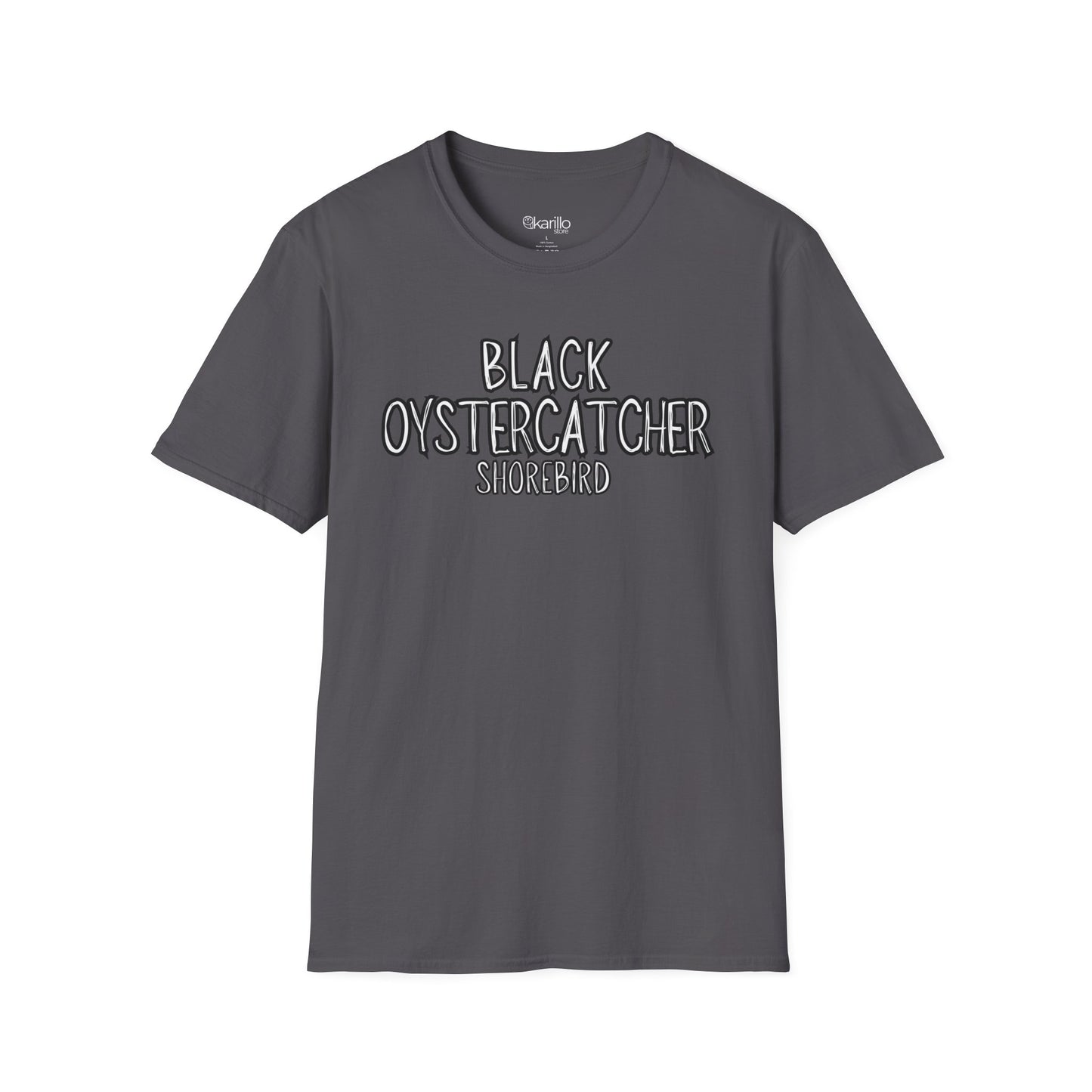 Front view gray t-shirt with 'Black Oystercatcher Shorebird' text on a white background