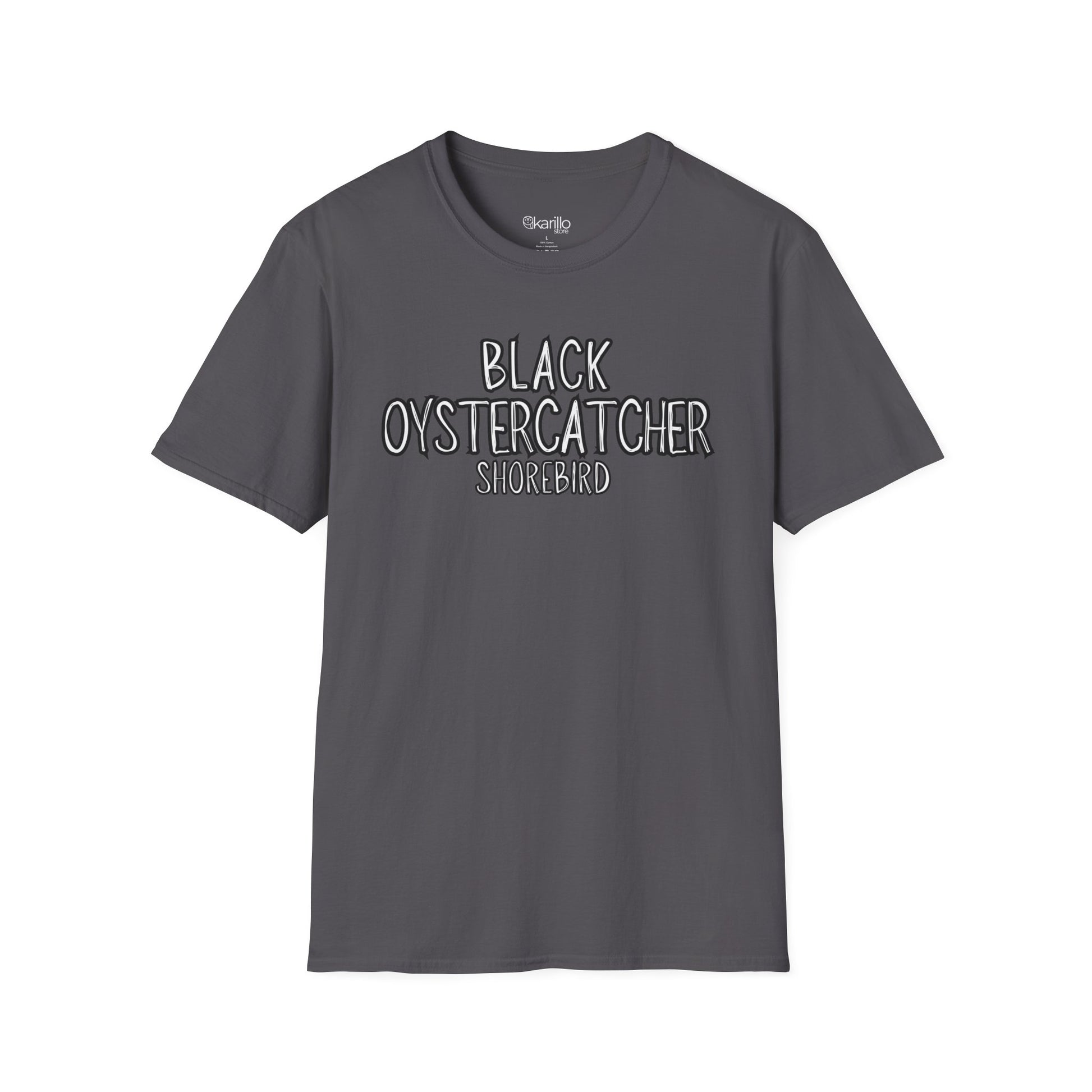Front view gray t-shirt with 'Black Oystercatcher Shorebird' text on a white background
