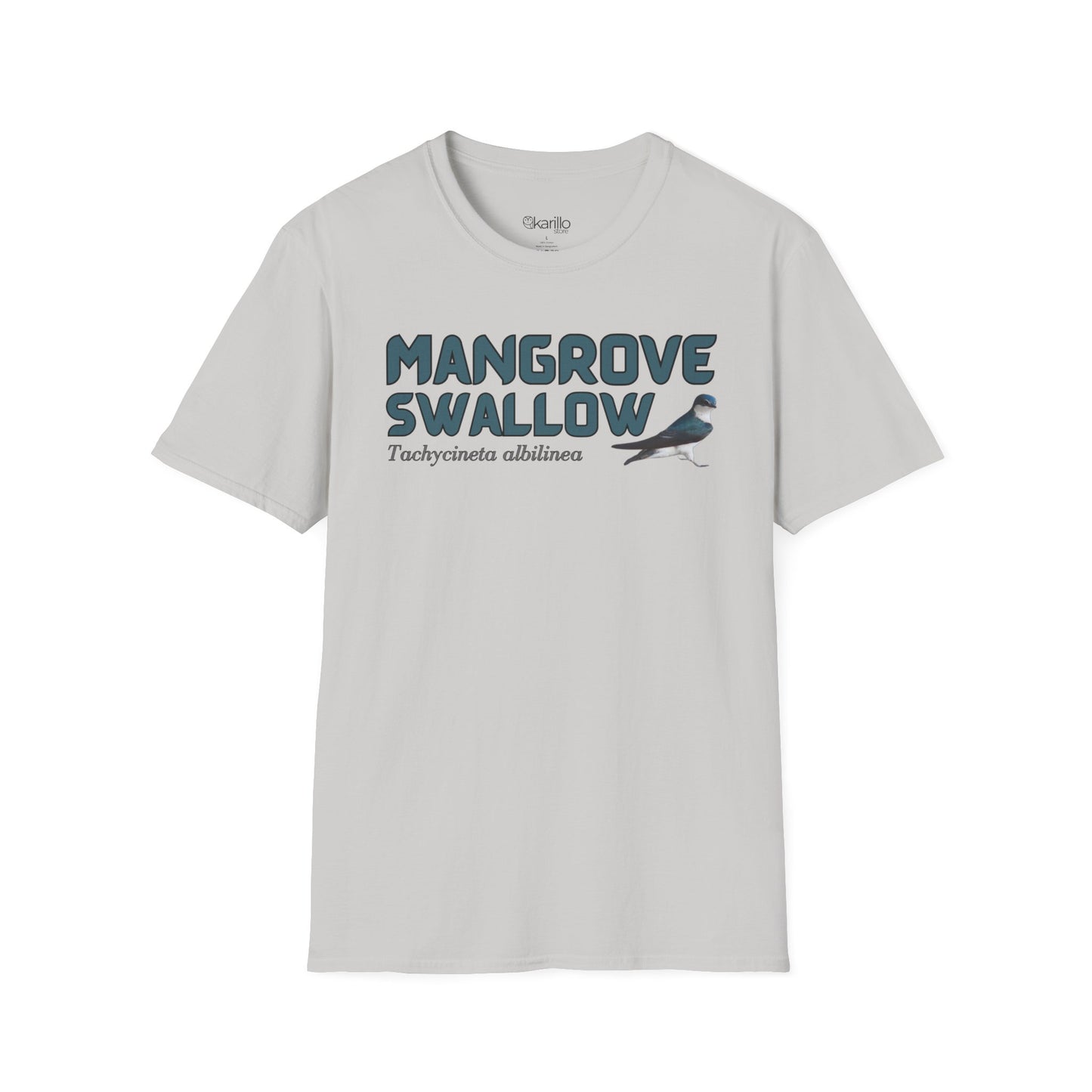 Front view of light gray t-shirt with 'Mangrove Swallow' text and bird graphic on a white background