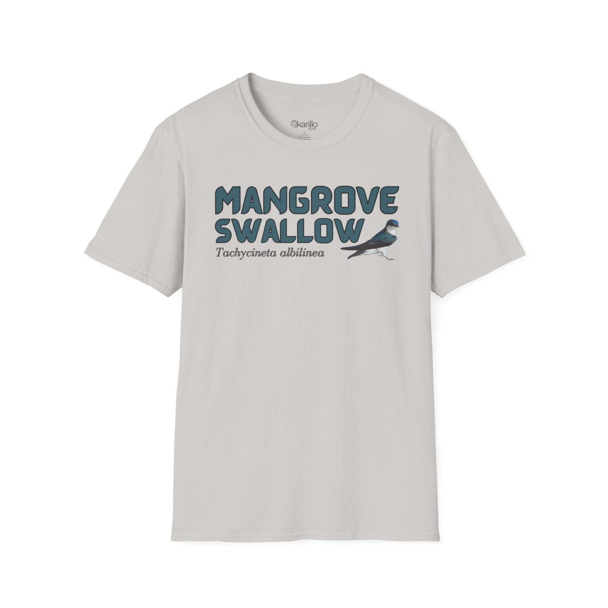 Front view of light gray t-shirt with 'Mangrove Swallow' text and bird graphic on a white background