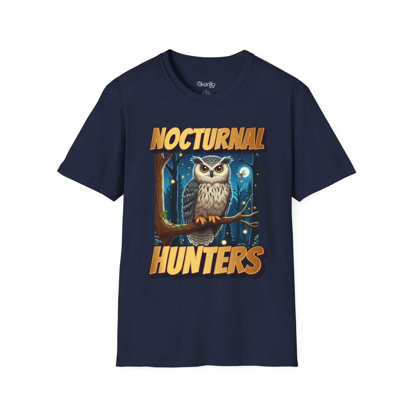 Front view of navy blue t-shirt with 'nocturnal hunters' text on a white background