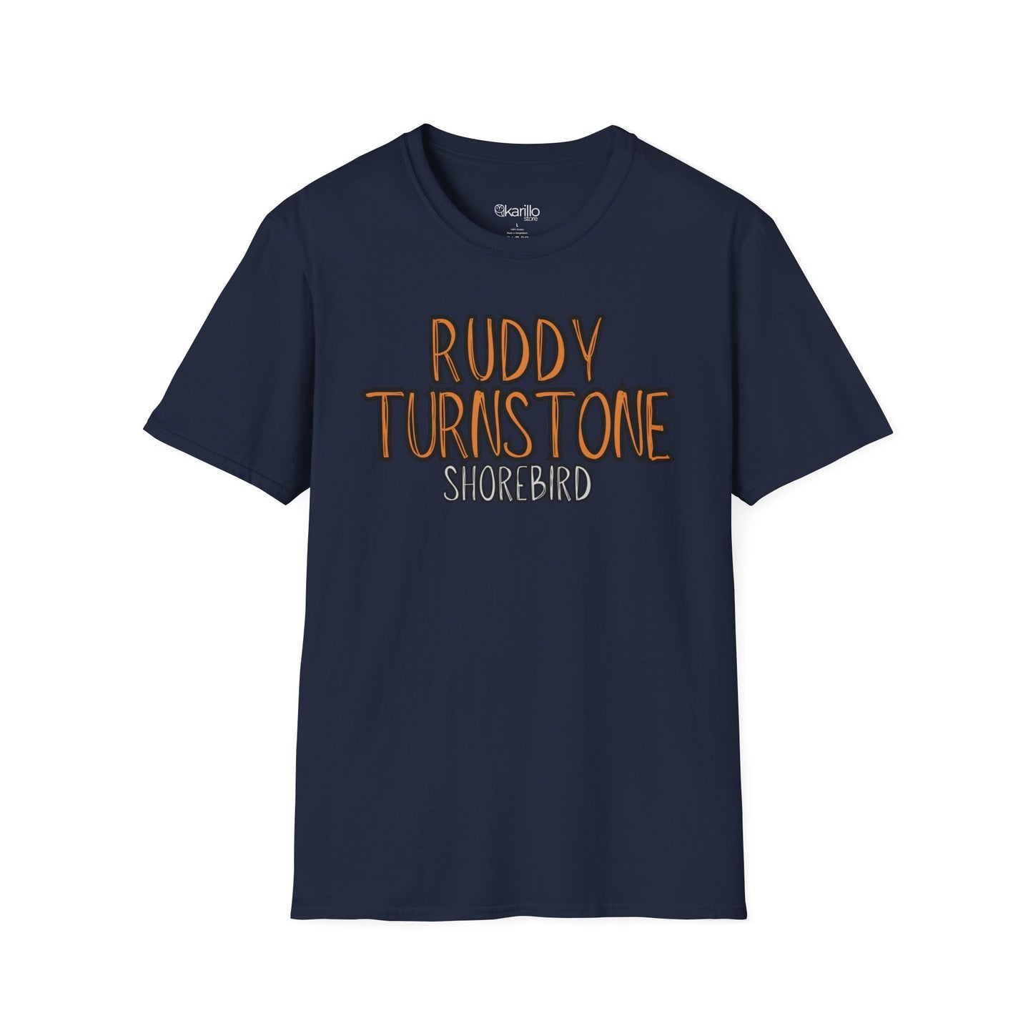 navy blue t-shirt with 'Ruddy Turnstone Shorebird' text on a white background