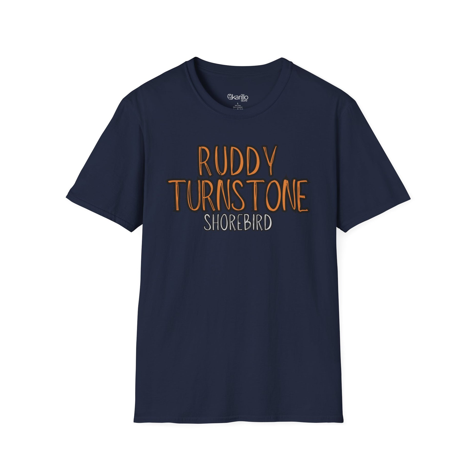 navy blue t-shirt with 'Ruddy Turnstone Shorebird' text on a white background