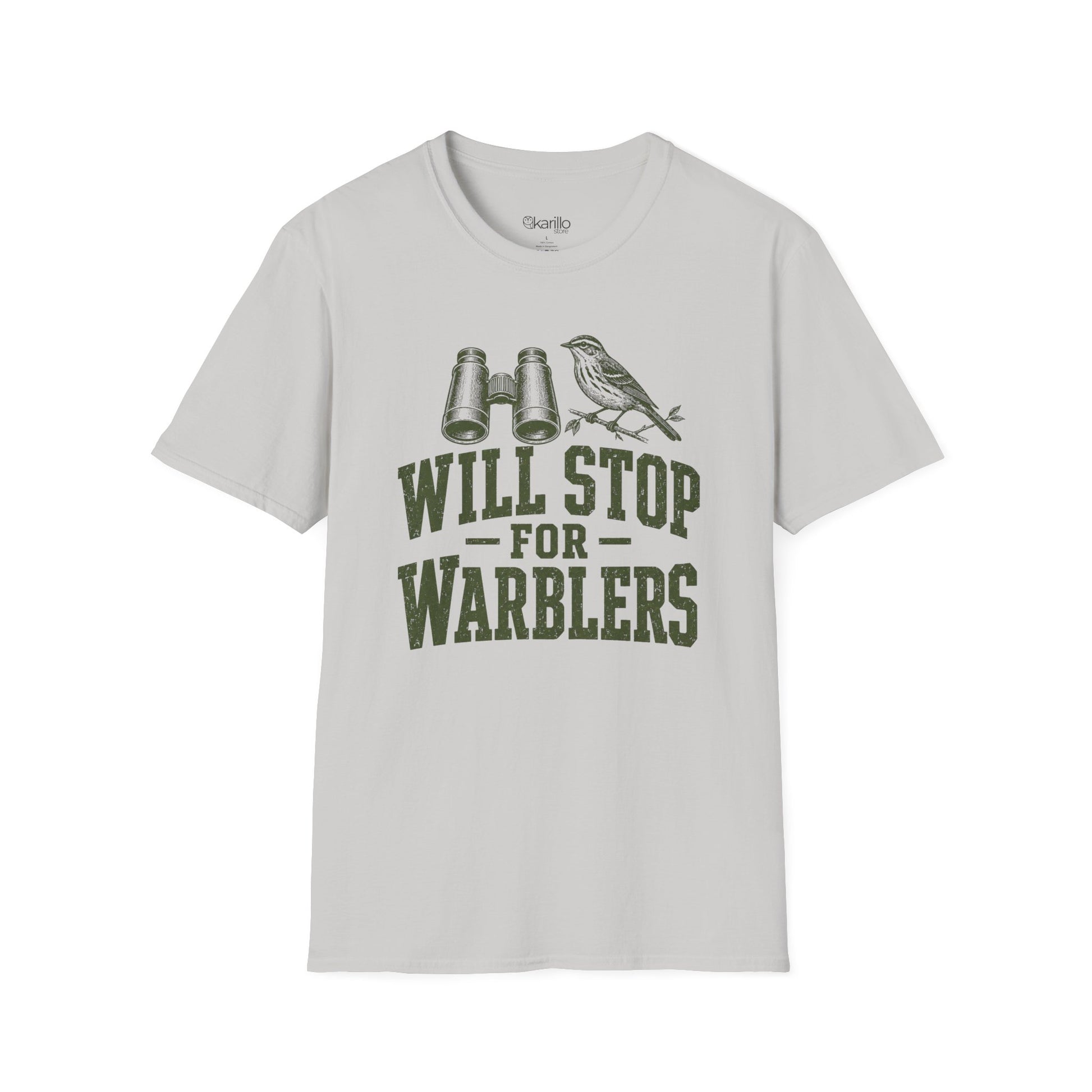 Sand color t-shirt with funny bird-themed graphic and text on a white background