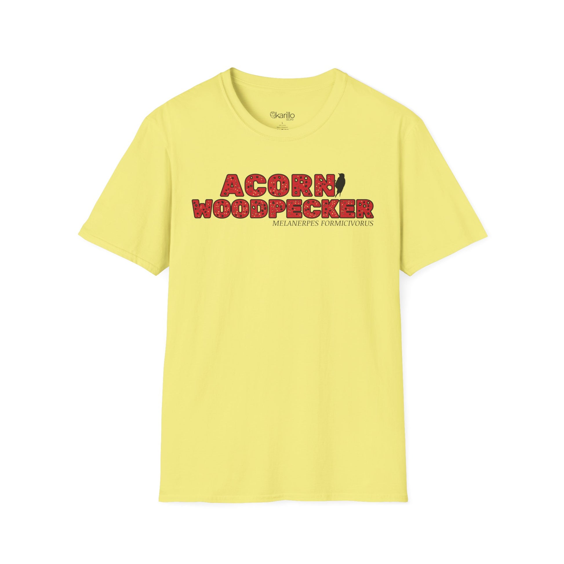 Yellow t-shirt with "acorn woodpecker bird" text on a white background