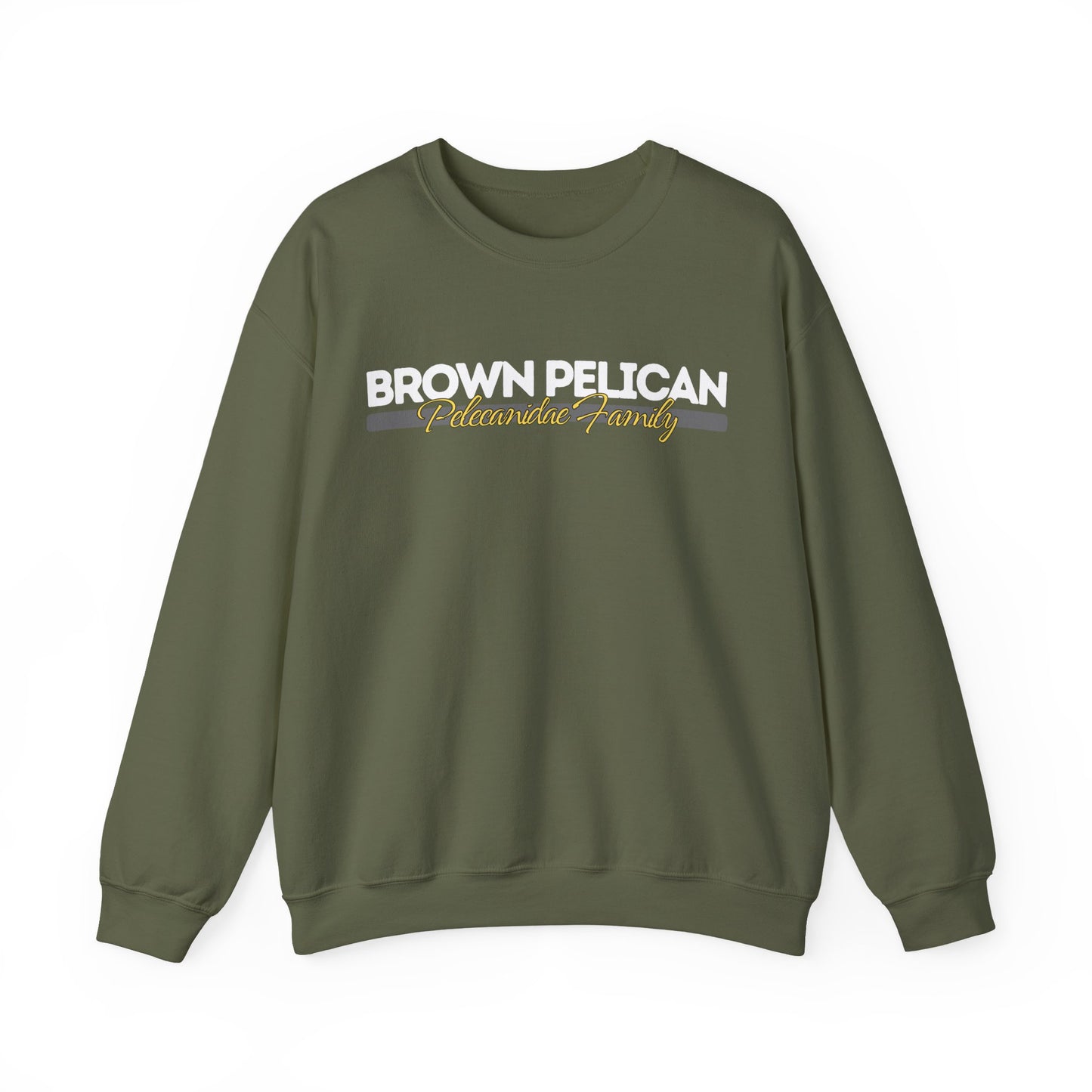 Military green sweatshirt with 'Brown Pelican' text on a white background