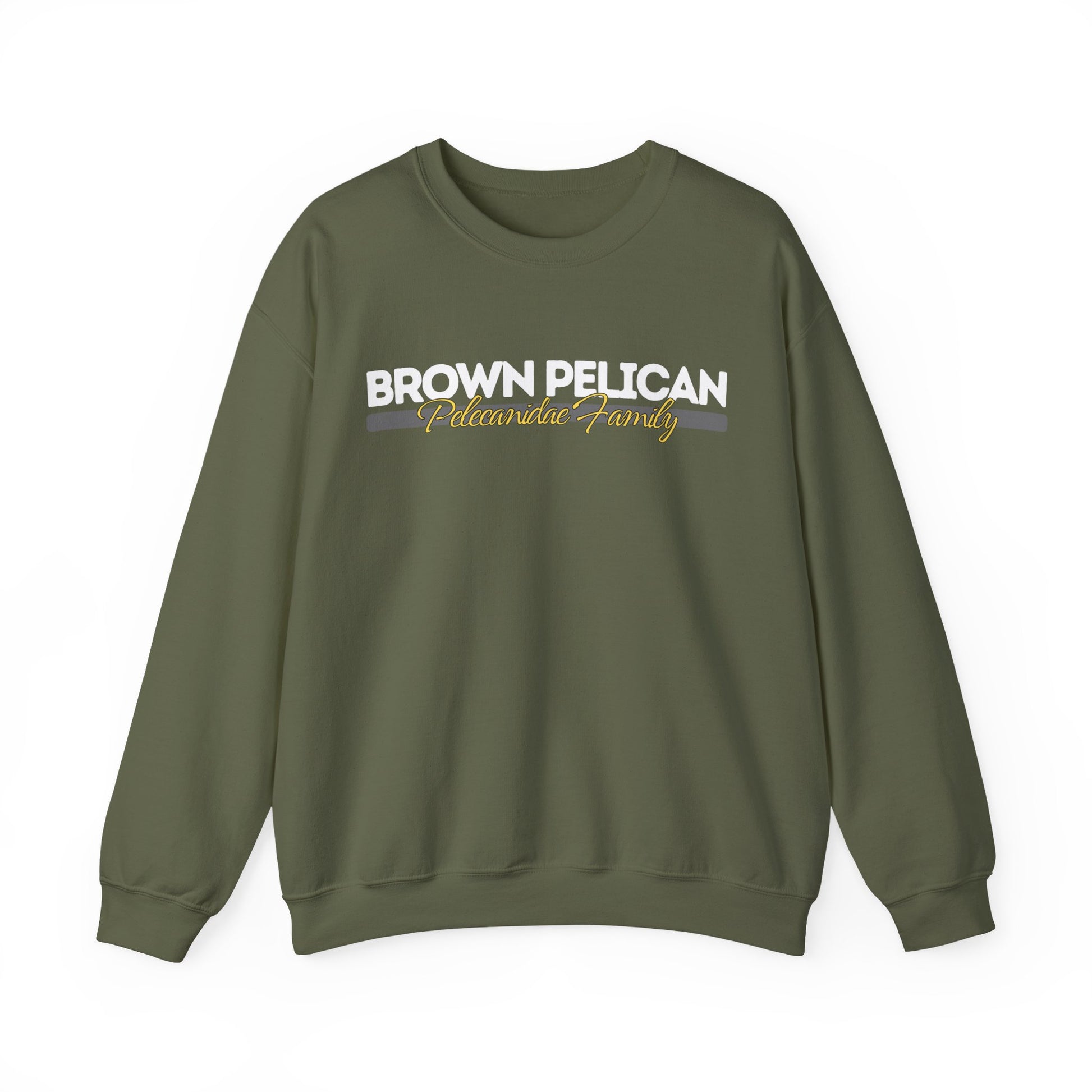 Military green sweatshirt with 'Brown Pelican' text on a white background