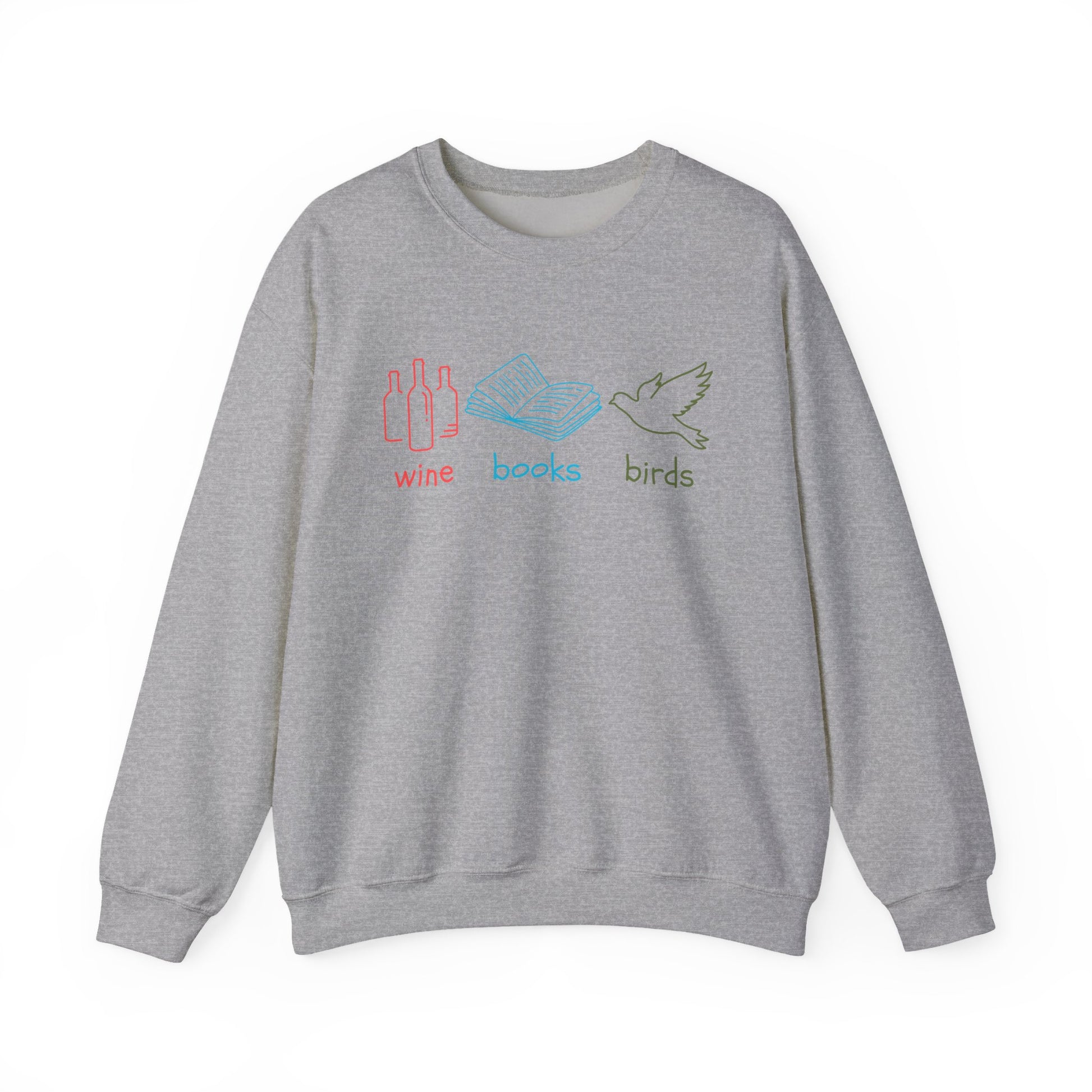 Gray sweatshirt with 'wine books birds' text and graphics on a white background