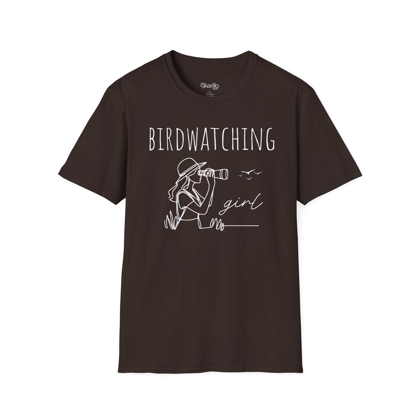 Front view of a "Birdwatching Girl" brown T-shirt with an outlined graphic of a girl spotting a bird using binoculars