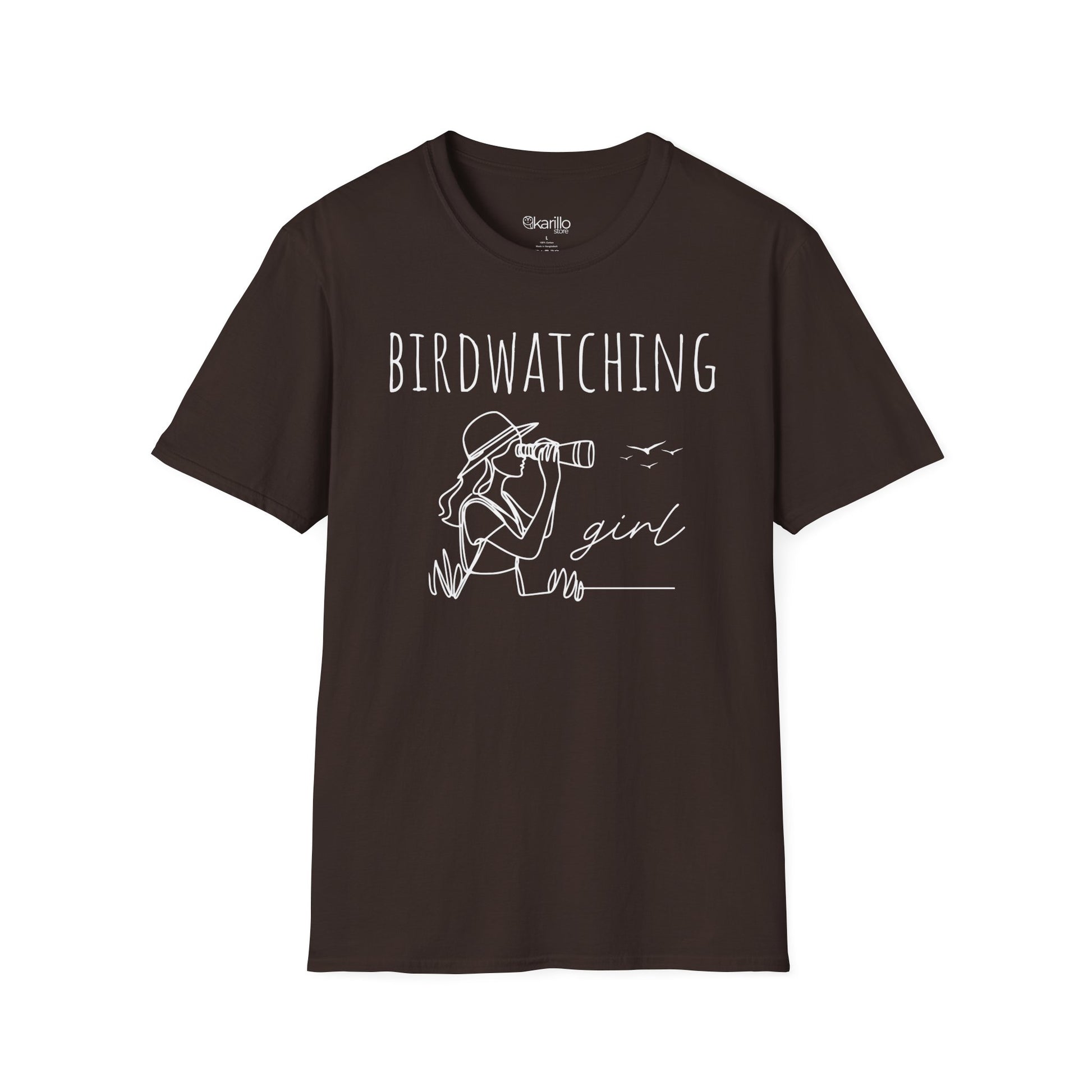 Front view of a "Birdwatching Girl" brown T-shirt with an outlined graphic of a girl spotting a bird using binoculars