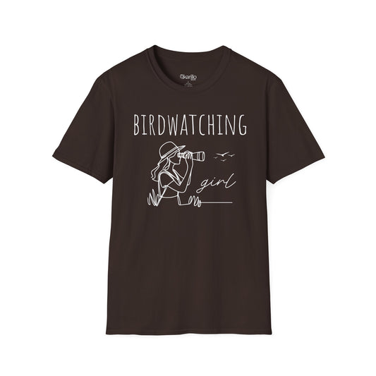 Front view of a "Birdwatching Girl" brown T-shirt with an outlined graphic of a girl spotting a bird using binoculars
