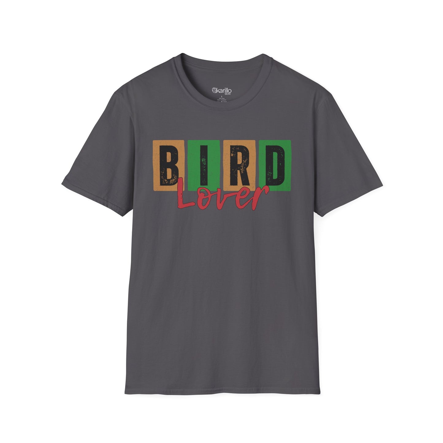 Front view of gray t-shirt with 'Bird Lover' text on a white background