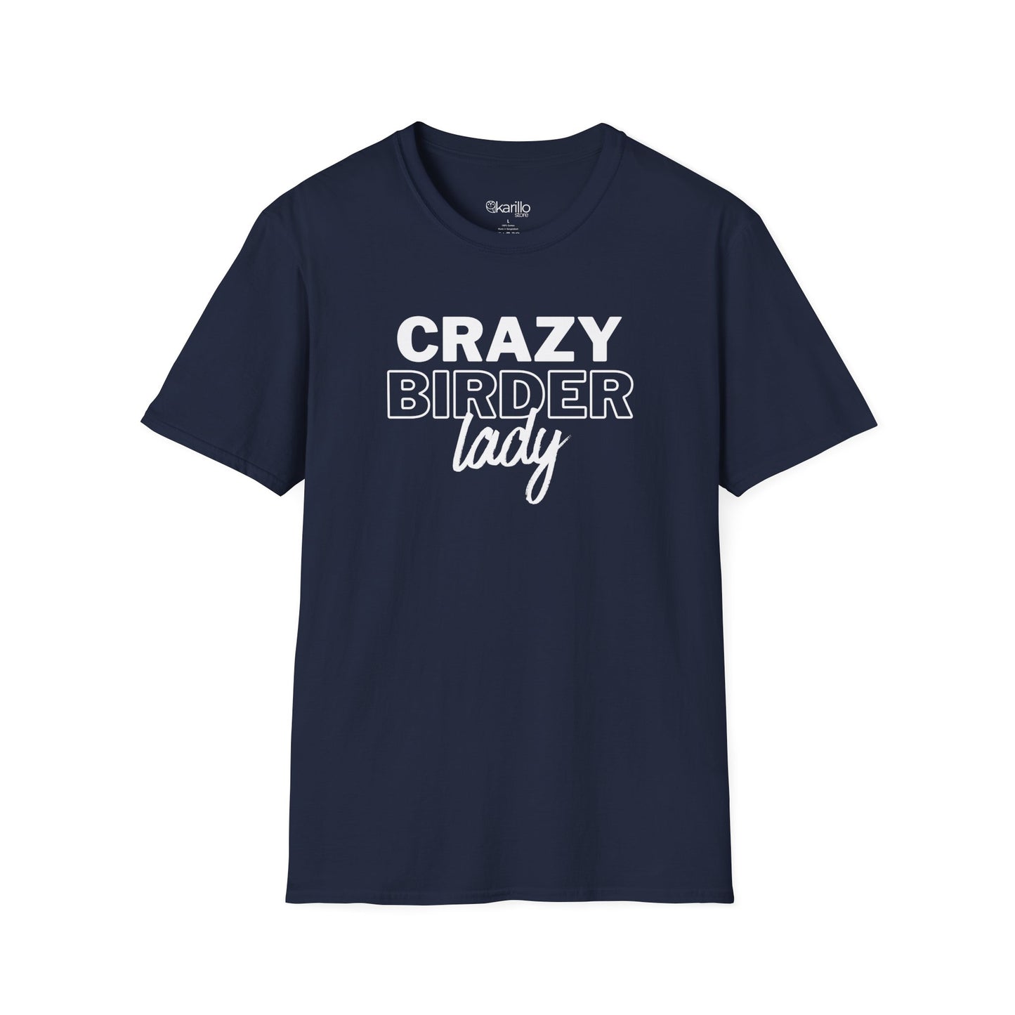 Navy blue t-shirt with "crazy birder girl" text on a white background