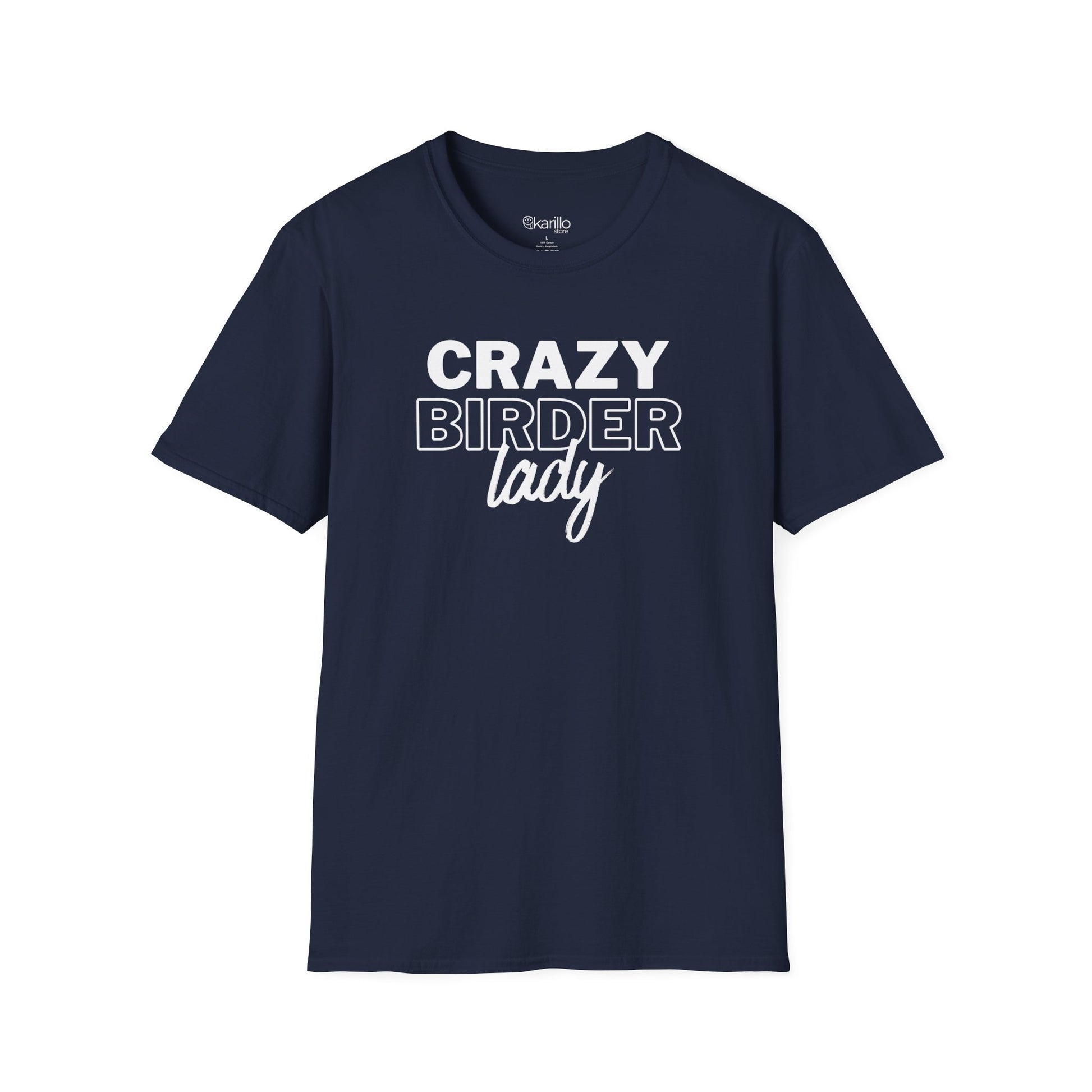 Navy blue t-shirt with "crazy birder girl" text on a white background