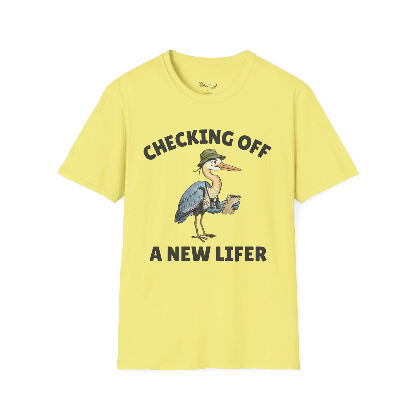 Yellow short-sleeve t-shirt with a graphic of a heron wearing a green hat and holding checklist and binoculars, with the text 'CHECKING OFF A NEW LIFER' with a white blackground.