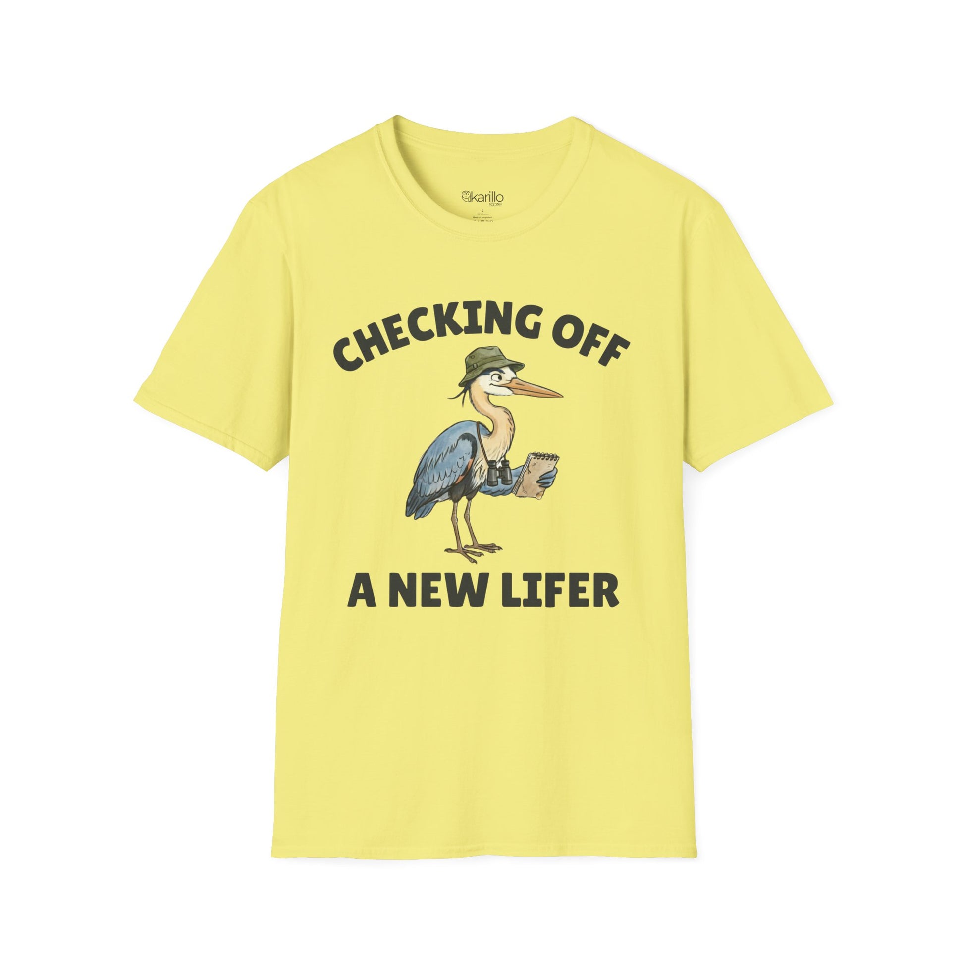 Yellow short-sleeve t-shirt with a graphic of a heron wearing a green hat and holding checklist and binoculars, with the text 'CHECKING OFF A NEW LIFER' with a white blackground.