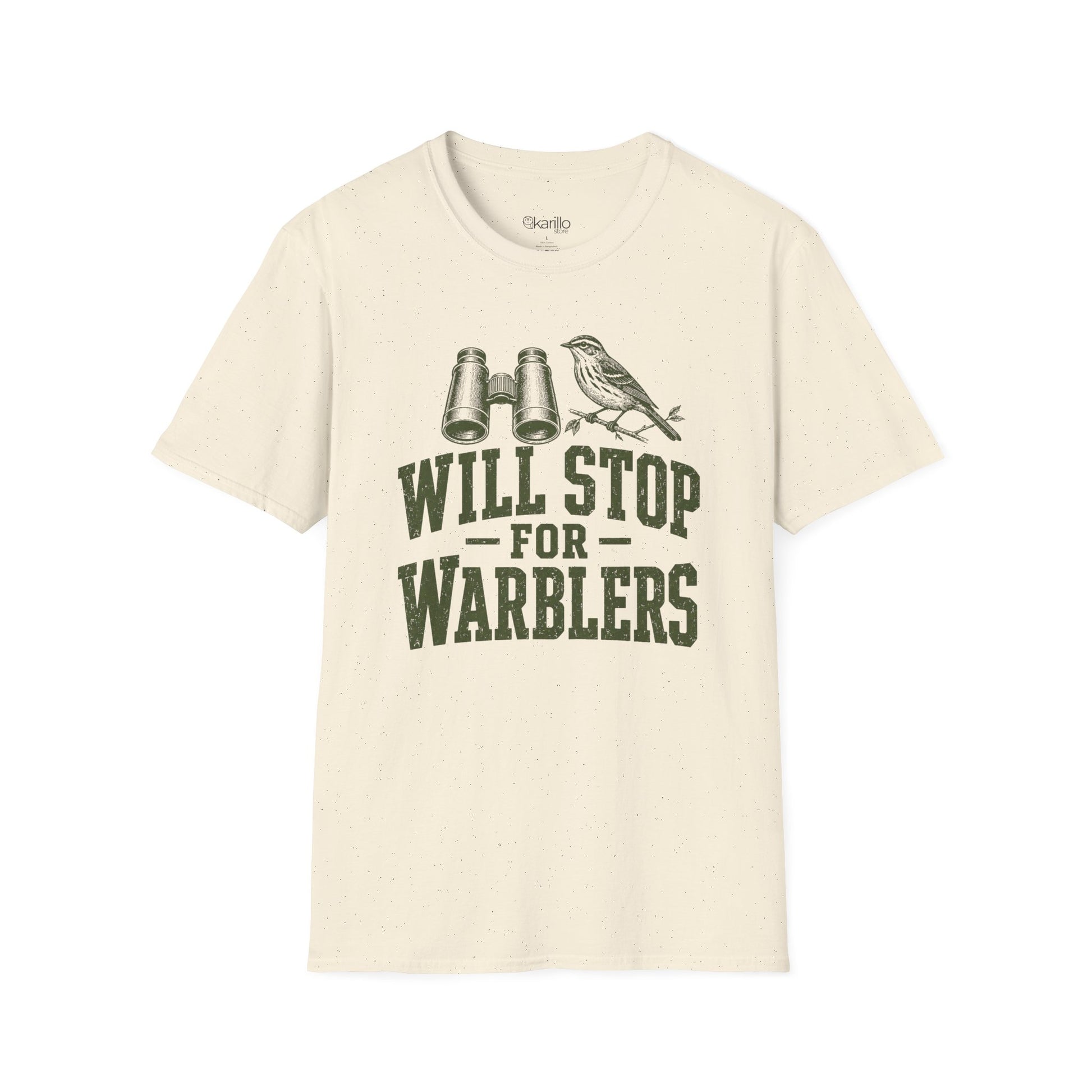 Beige t-shirt with funny bird-themed graphic and text on a white background